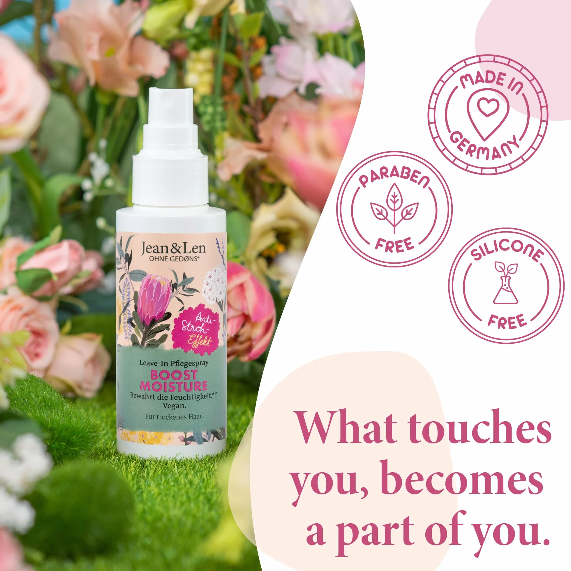 Jean & Len Filozofia specjalna pielęgnacja włosów Boost Moisture Leave In, zapewnia Twoim włosom bardzo dużo nawilżenia, sprawia, że włosy łatwiej się rozczesują, nadaje mu blask, 100 ml, 1 sztuka