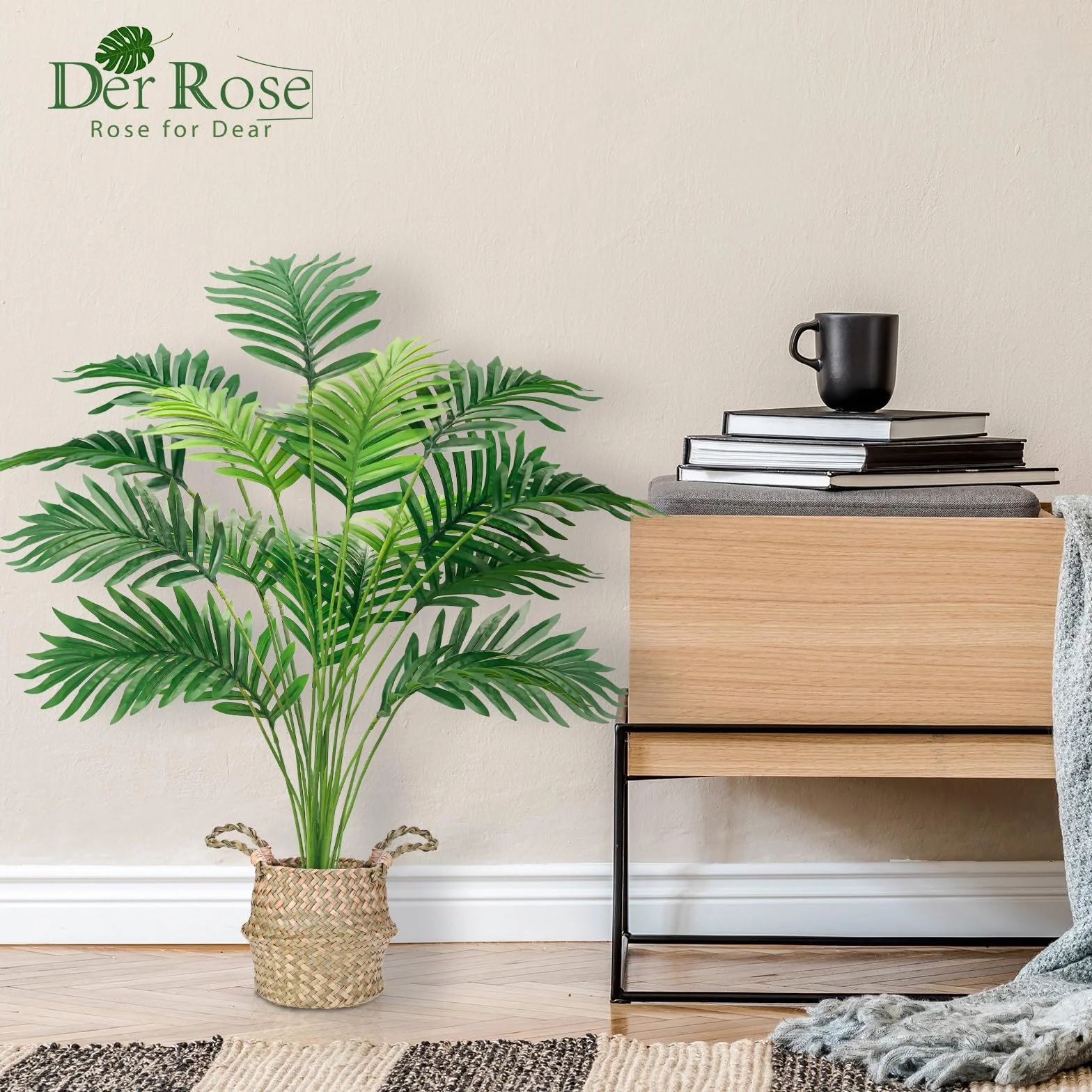 Der Rose Sztuczna palma, 71 cm wysokości, sztuczna roślina, doniczkowa, sztuczna Areca, drzewo z ręcznie tkanymi koszami z uchwytami, do wnętrz, na zewnątrz, do domu, biura, sypialni, werandy, balkonu