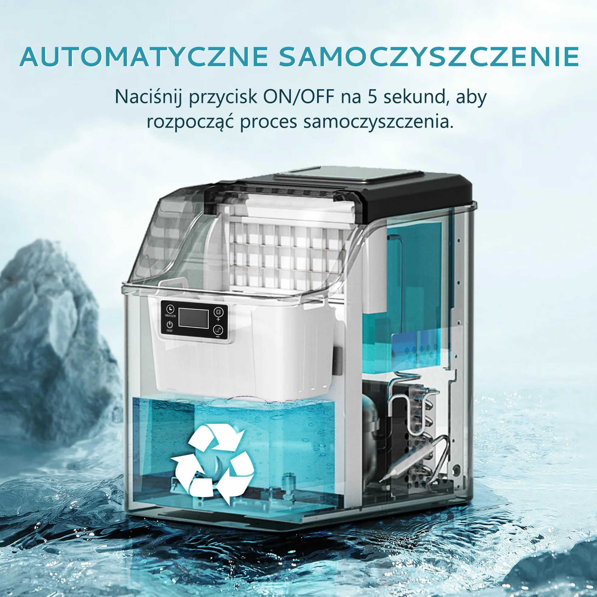 EUHOMY Kostkarka do lodu ze stali nierdzewnej, 24 kostki lodu w ciągu 13 minut, 24 kg/24 h, samoczyszcząca kostkarka do lodu 3,2 l, z szufelką do lodu i koszem, do domu, kuchni, biura, baru, kampera