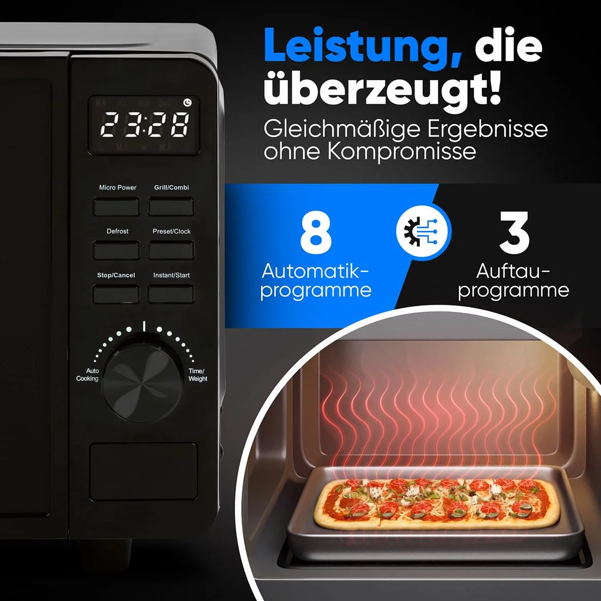 ProfiCook kuchenka mikrofalowa z grillem, 20 l, kuchenka mikrofalowa bez talerza obrotowego dla równomiernego rozprowadzania ciepła, czarna kuchenka mikrofalowa z timerem i funkcją rozmrażania, w