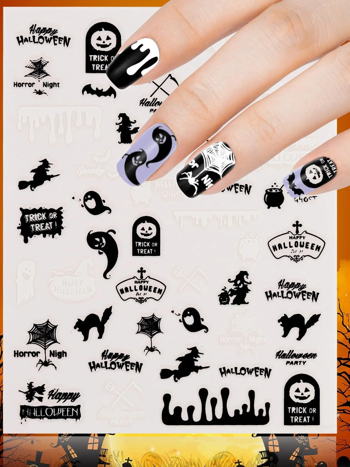 EBANKU Zestaw 55 Sztuk Żelowych Pasków do Paznokci na Halloween, DIY Dekoracja Paznokci, Prezent dla Dziewczyn z Narzędziem