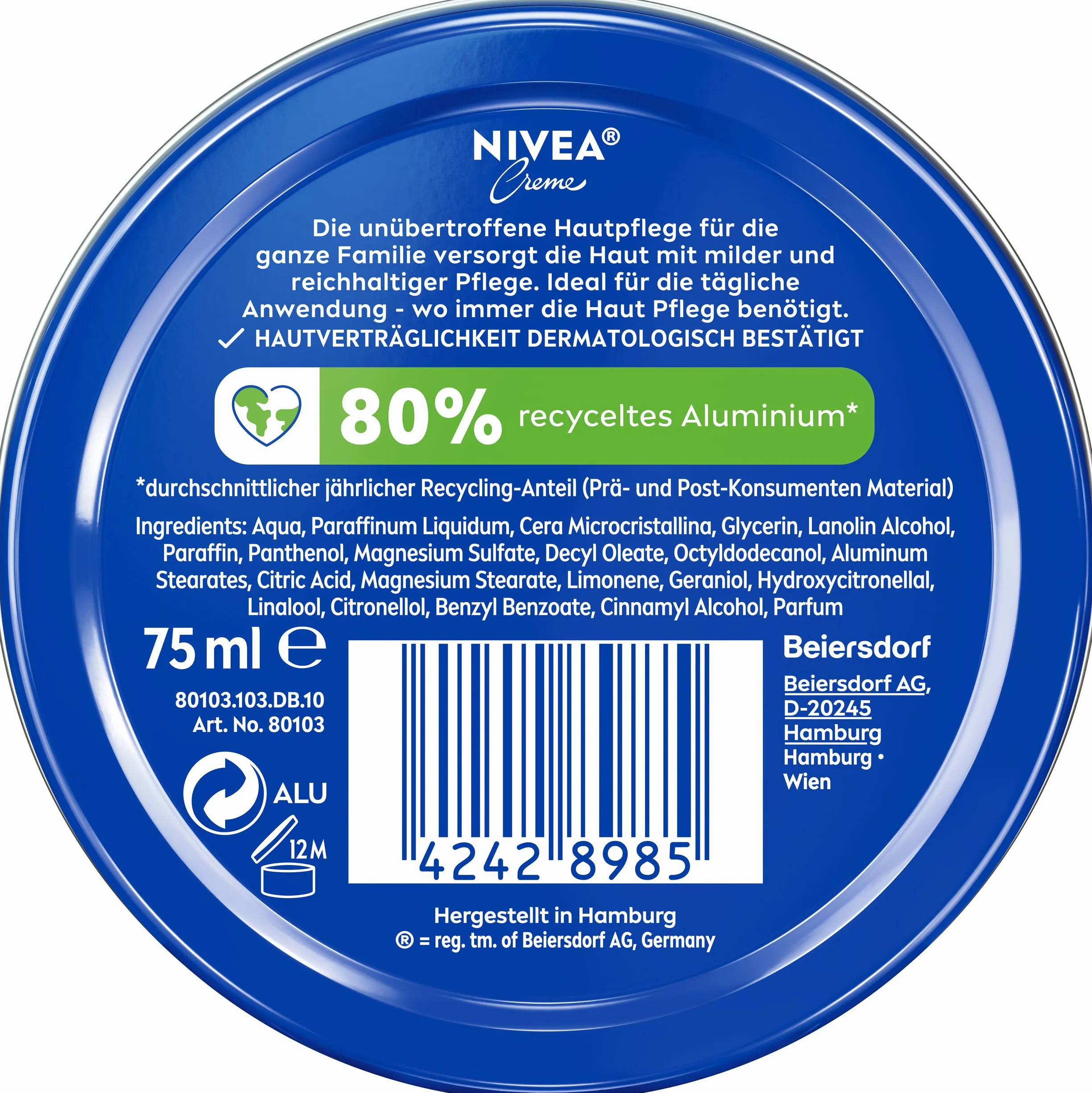 NIVEA Puszka kremowa uniwersalna pielęgnacja, klasyczny krem nawilżający do wszystkich rodzajów skóry, bogata pielęgnacja skóry z eucerytem pokrewnym (75 ml)