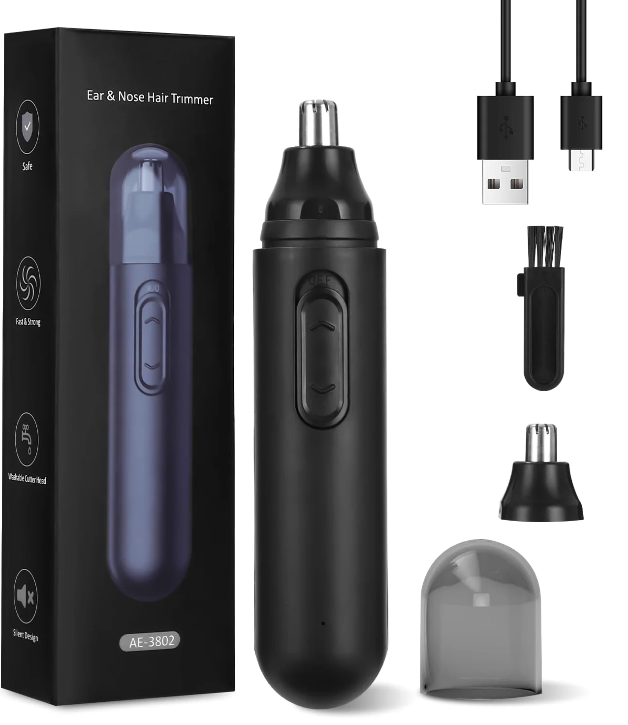 Trymer do włosów w nosie i uszach, akumulator USB, czarny