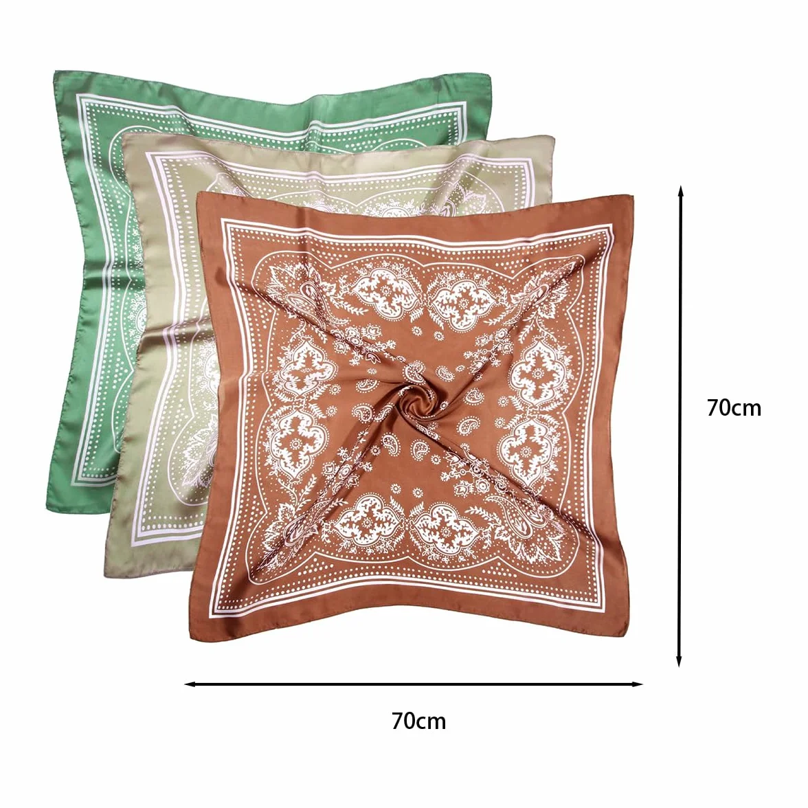 3 szt. 70X70CM satynowe kwadratowe chusty dla kobiet śliczne pastelowe bandany jasnozielone brązowo-zielone poliestrowe drukowane chusty na głowę akcesoria do włosów