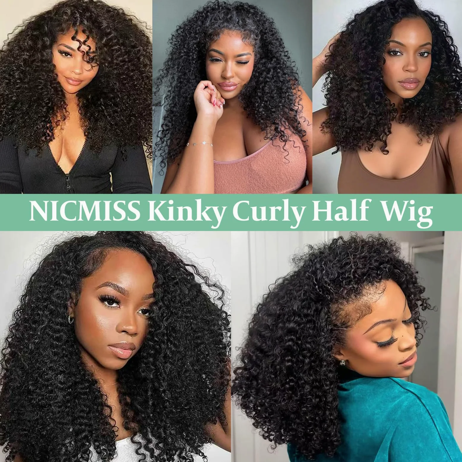 Kinky Curly Half Wig Human Hair 180% Density 3 In 1 Seamless Flip Over Half Wigs Human Hair Glueless Wear and Go Kinky Curly Wig with Drawstring Headband Wigs for Women Invisible Hairline 16 Inch