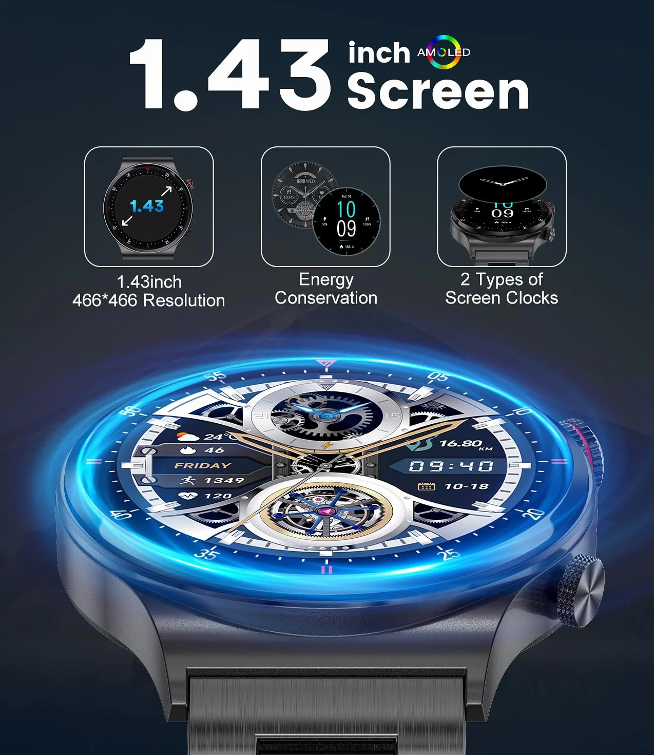 LIGE męski inteligentny zegarek z połączeniem Bluetooth, 1,39" ekran Amoled Smart Watch z 24/7, tętno, SpO2, monitor snu dla Androida iOS, 110+ Sportmodi, wodoodporny IP68, 200+ tarcza