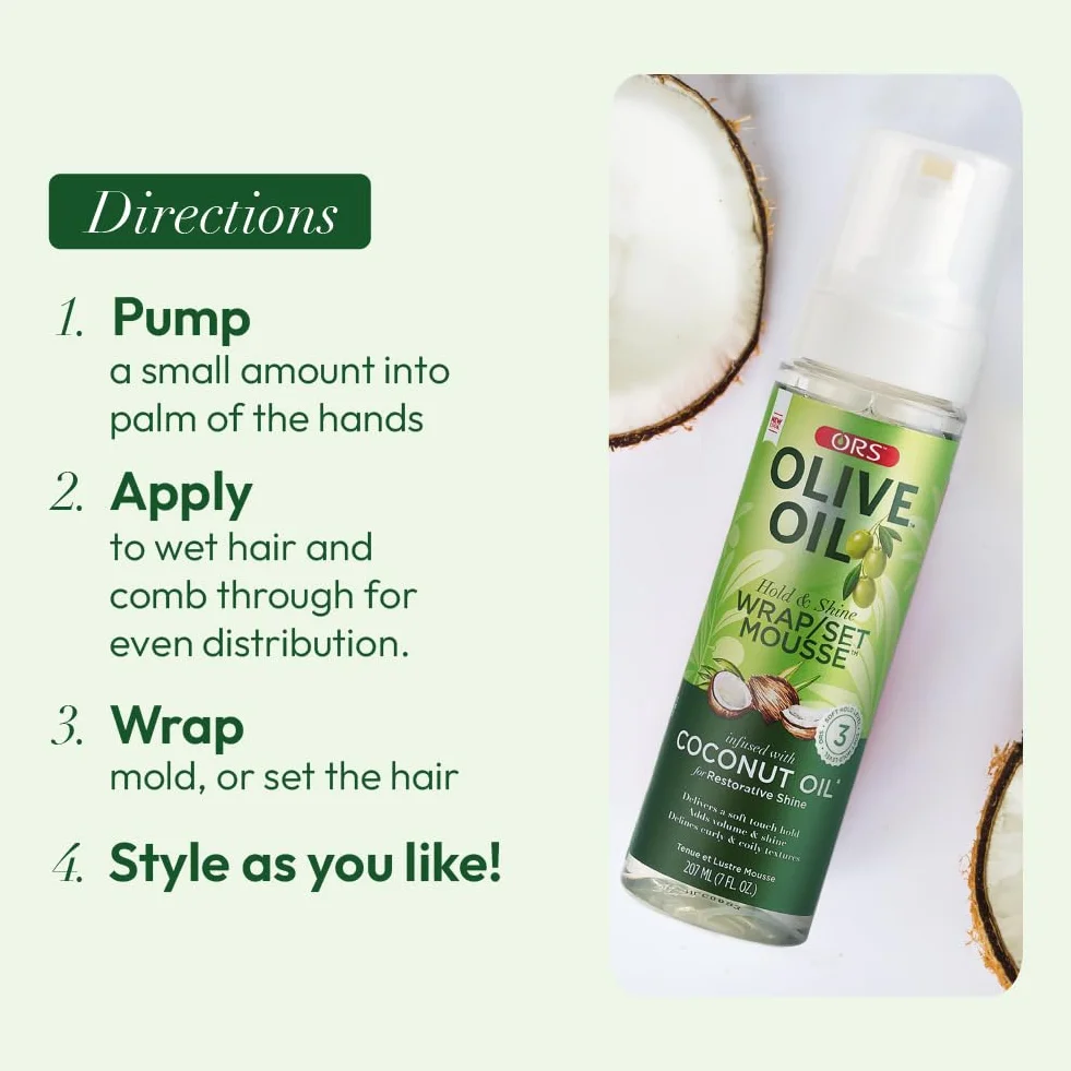 ORS Olive Oil Hold & Shine Wrap Set 207 ml - Pianka do włosów 207 ml - z kolagenem, pantenolem i oliwą z oliwek dla zdrowych, nawilżonych i lśniących włosów bez ich obciążania.