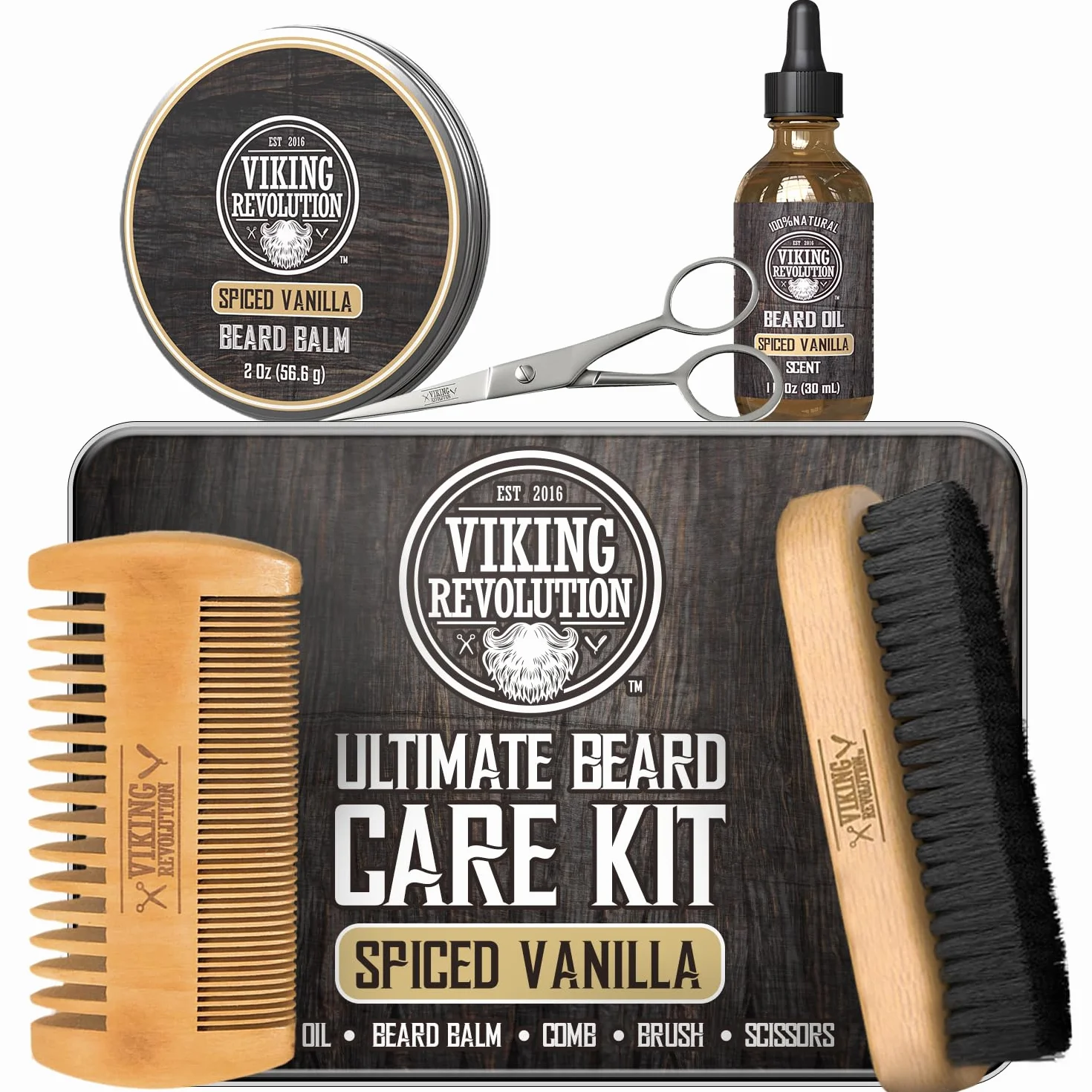 Viking Revolution Ultimate Beard Kit Spiced Vanilla Zestaw Grooming dla mężczyzn z pędzlem, grzebieniem, balsamem, olejem, nożyczkami