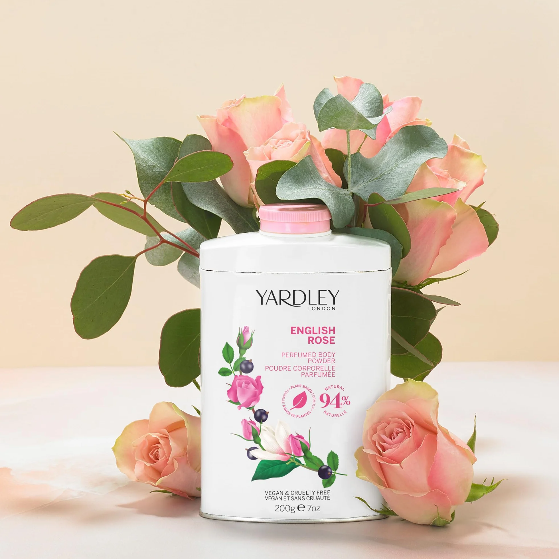 Yardley London English Rose Perfumed Body Powder, Talk dla kobiet pomagający w walce z nieprzyjemnym zapachem i otarciami, Puder do ciała English Rose 200g