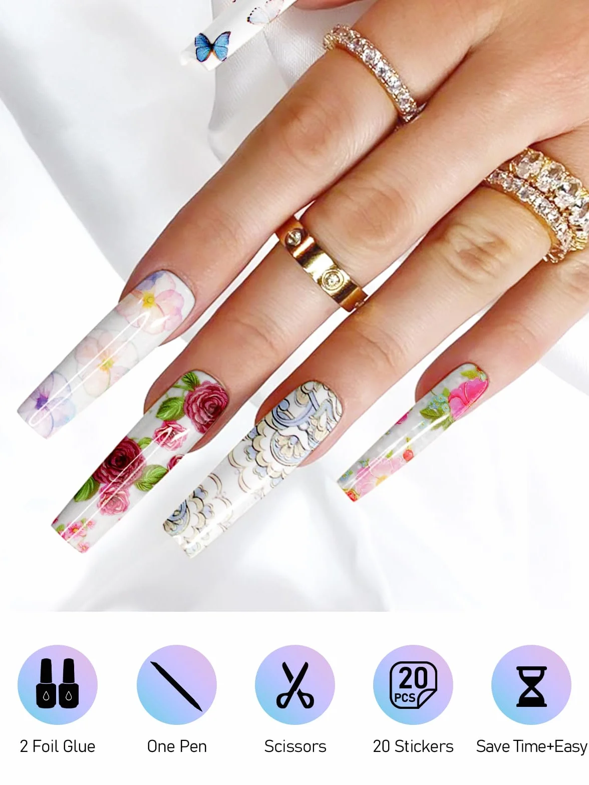 Kalolary Zestaw folii do paznokci holograficzne arkusze foliowe z klejem żelowym do manicure DIY (20P)