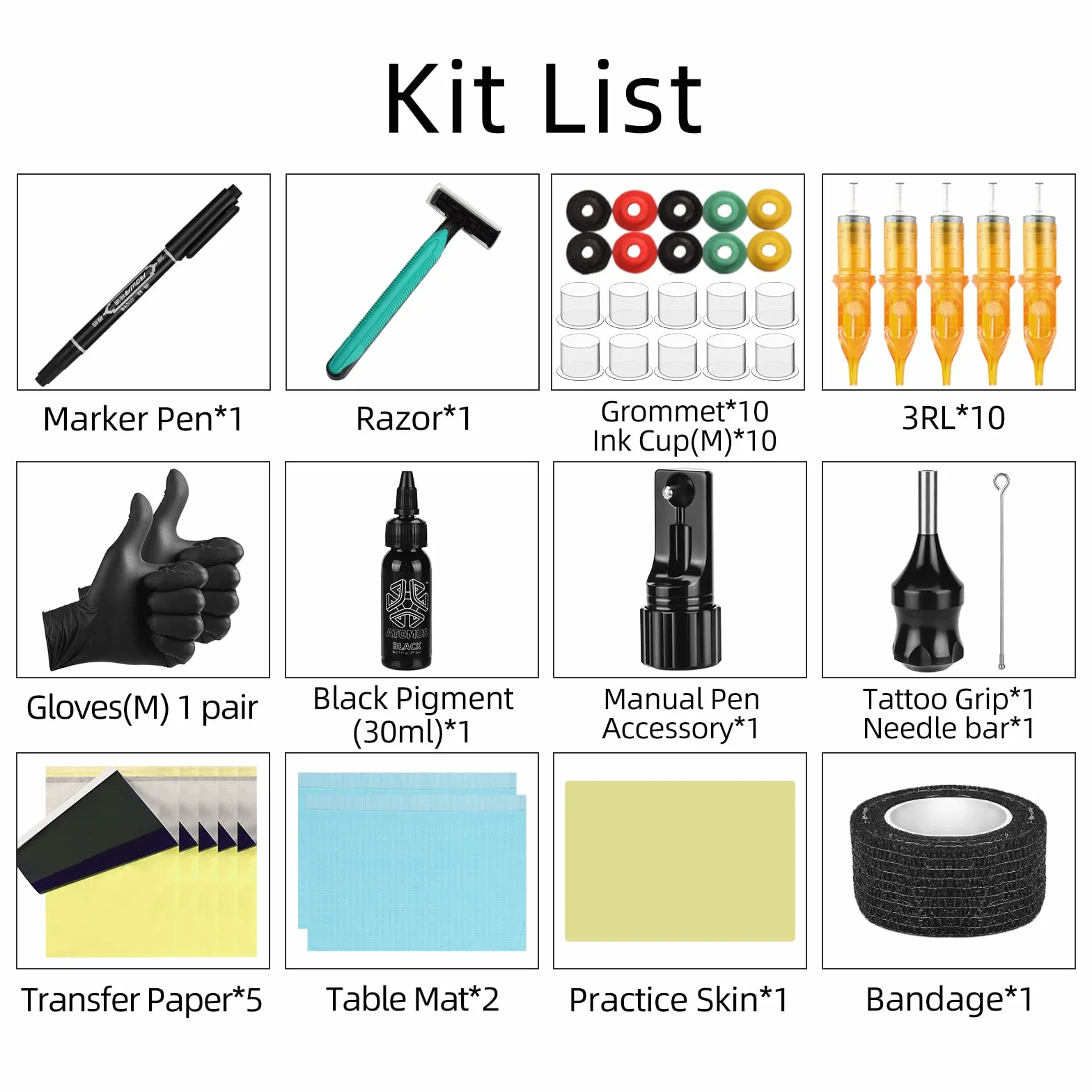 ATOMUS Alloy Tattoo Manual Pen Set Poke n Stick Tattoo Cartridge Poke Pen Stick DIY Kit with 10pcs 3RL Tattoo Cartridge Needles Transfer Papers Ink Cups Tattoo Practice Skin Tattoo Table Mats