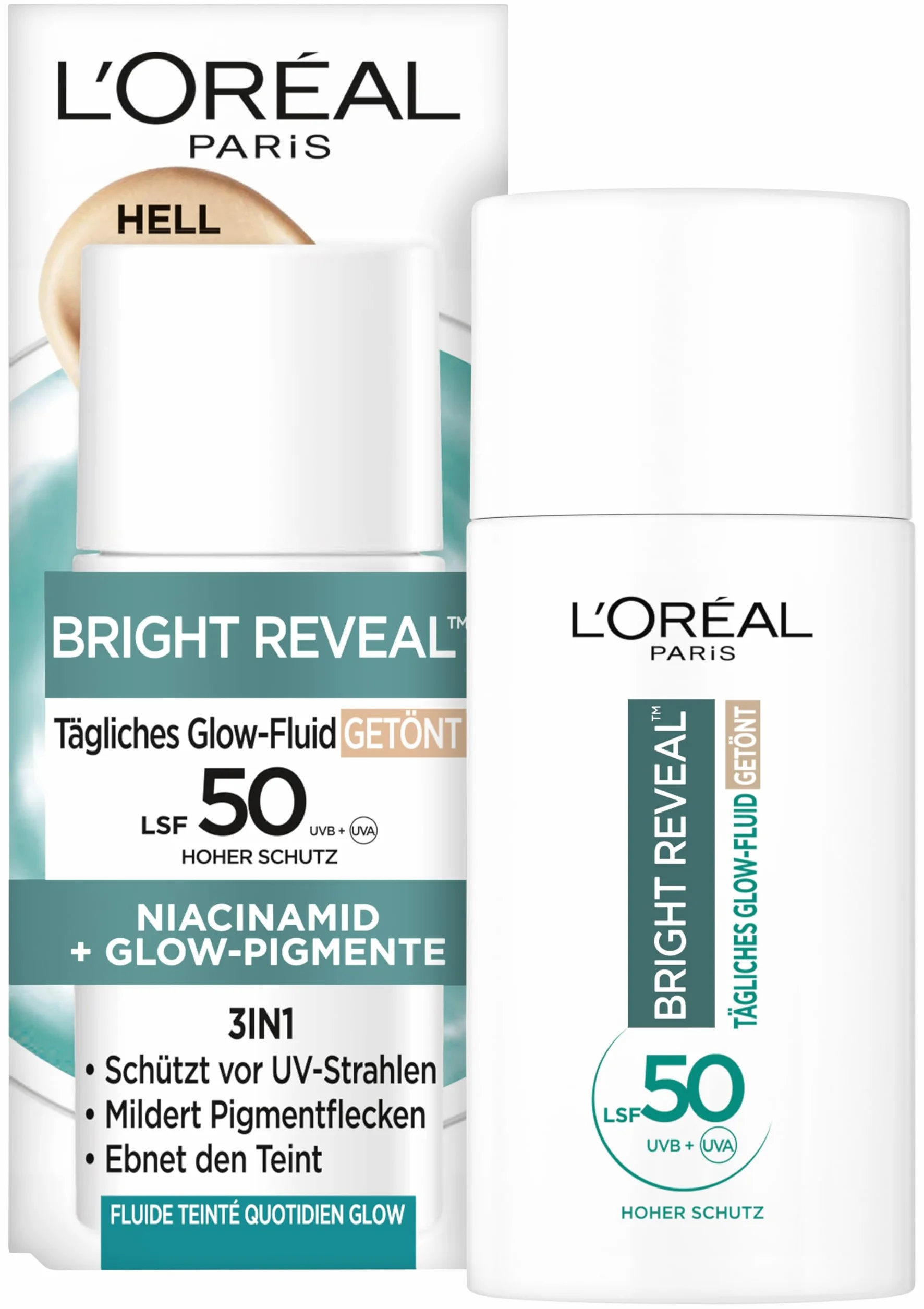 L'Oréal codzienny krem UV Glow-Fluid LSF 50, niacynamid + pigmenty świecące, kolor: jasny, jasny reveal, 1 x 50 ml