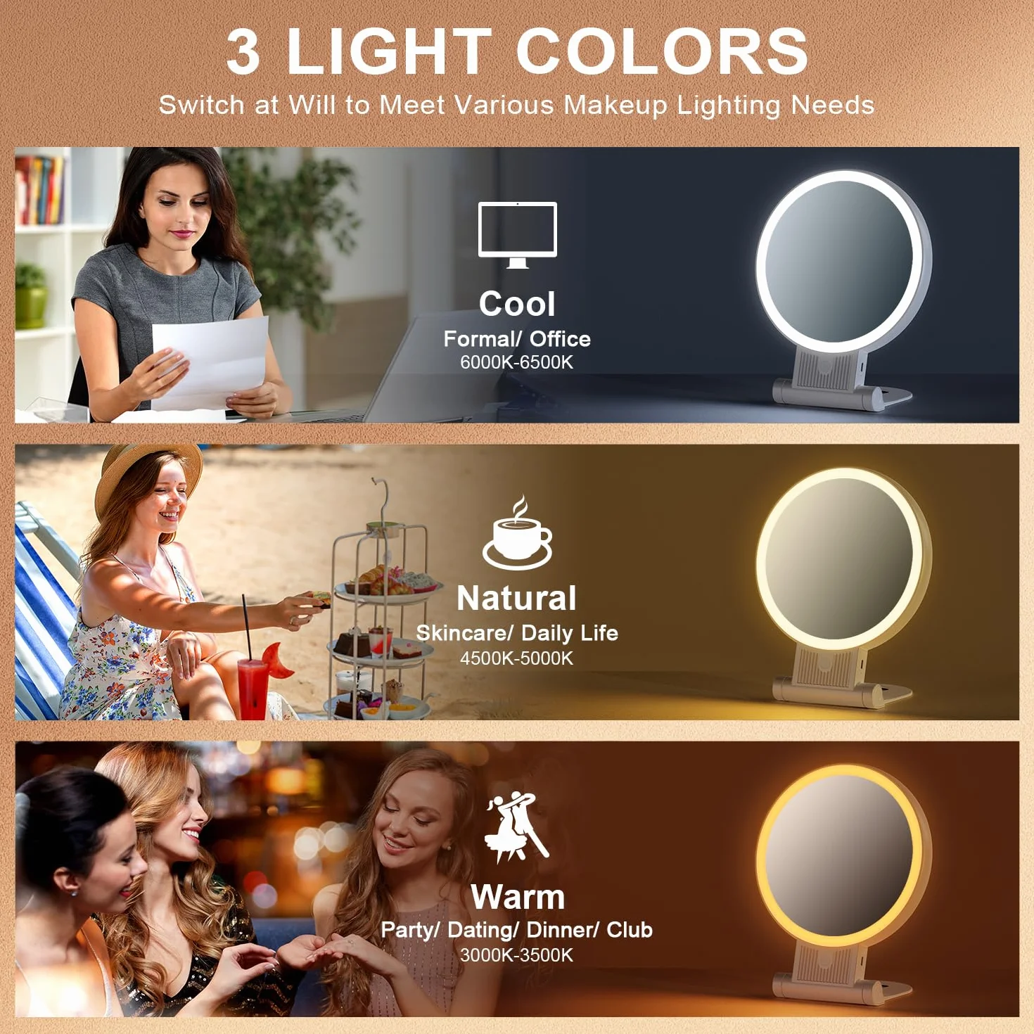 Auxmir Dwustronne lusterko powiększające 1X/30X ze światłem, 3-kolorowe diody LED, akumulator 2000 mAh do ładowania, składana konstrukcja podróżna z funkcją obrotu i precyzyjną pęsetą do urody i