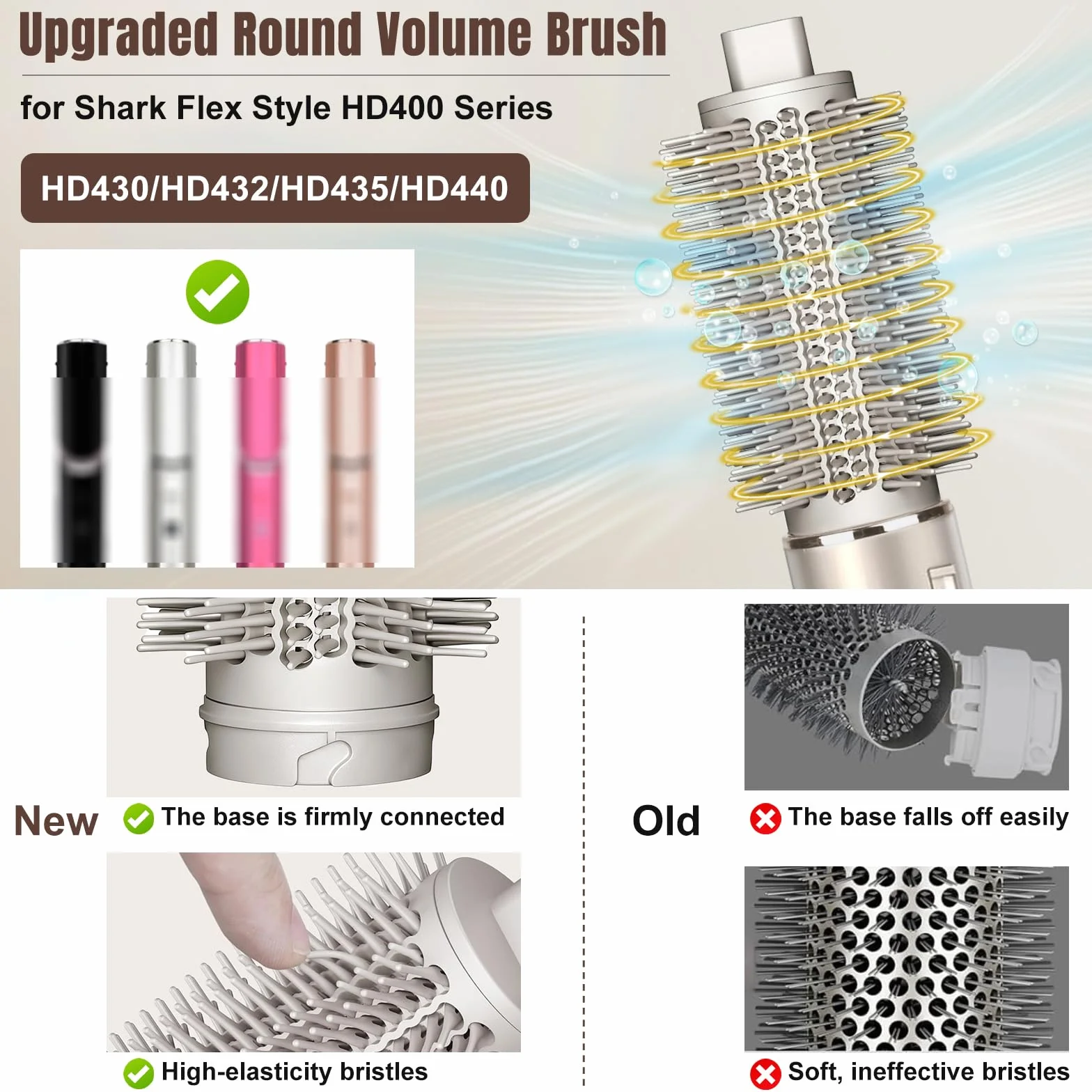 Okrągłe nasadki szczotkowe Volumizing do Shark Flex Style HD400 Series (HD430/HD432/HD435/HD440), ulepszona szczotka do szczotek do miękkich i płaskich włosów
