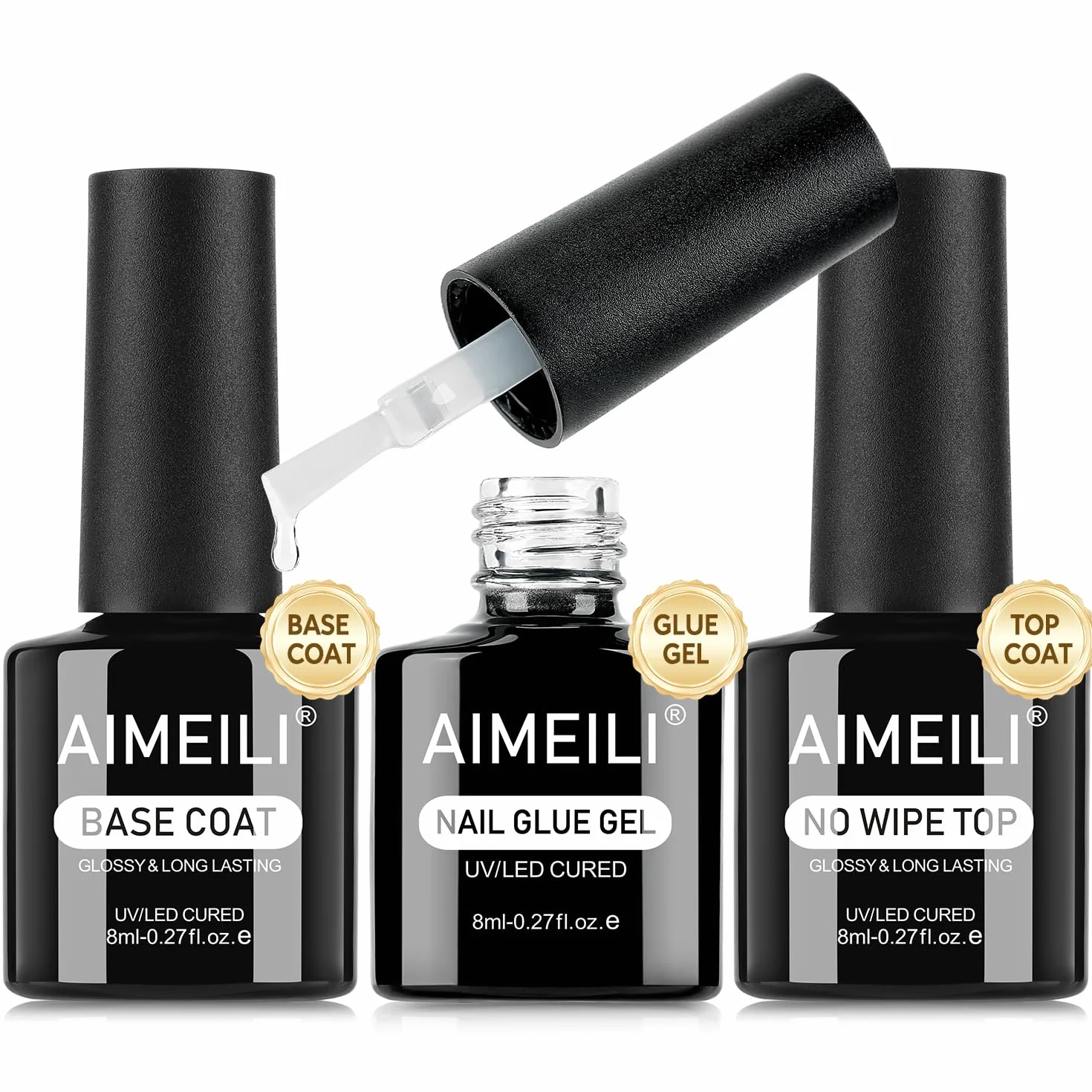 AIMEILI Glue Gel x Baza i Top Coat Bez Wipe Półtrwałe 3 x 8 ml Baza i Top Coat Żel Paznokci Klej Żel do sztucznych paznokci UV Nail Art