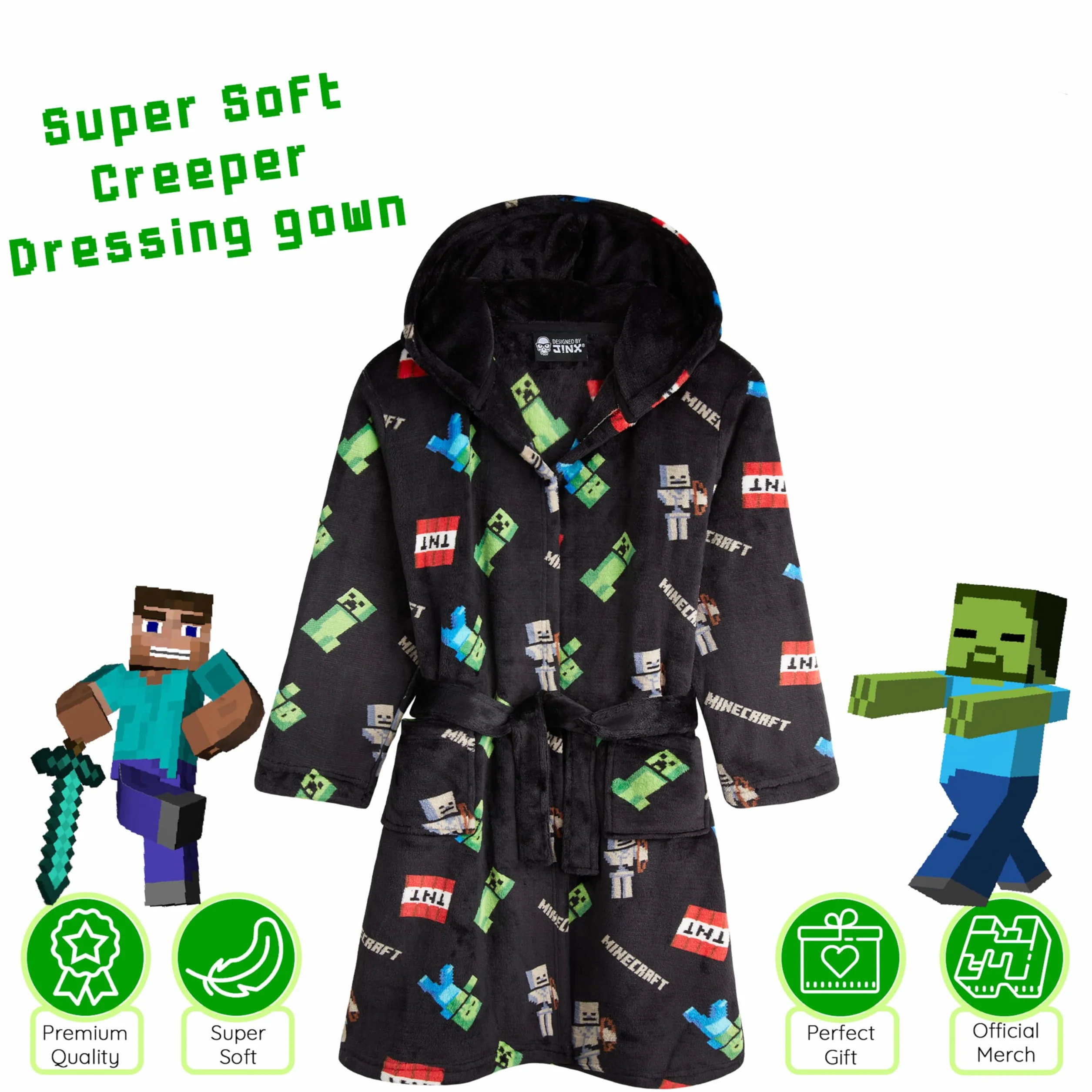 Minecraft Płaszcz poranny, polarowy szlafrok, miękki, przytulny, frotte Creeper i kaptur, młodzieżowy płaszcz flanelowy, dla chłopców i dziewczynek, bielizna nocna Robe