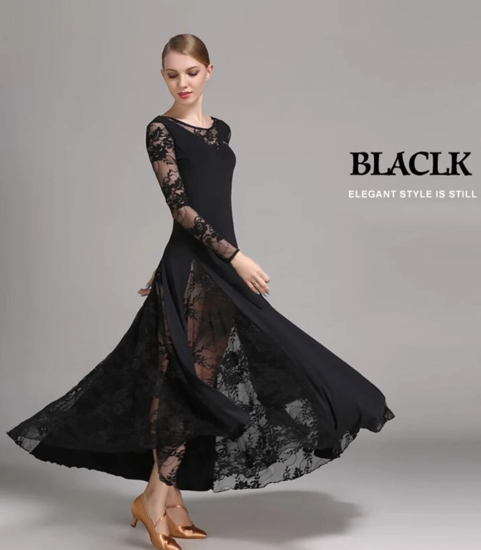 Damskie Sukienka do tańca towarzyskiego Koronka Nowoczesny Walc Tango Taniec Ubrania Długi rękaw Spektakl Foxtrot Dance Dress Konkurs tańca towarzyskiego Sukienki,Black,M