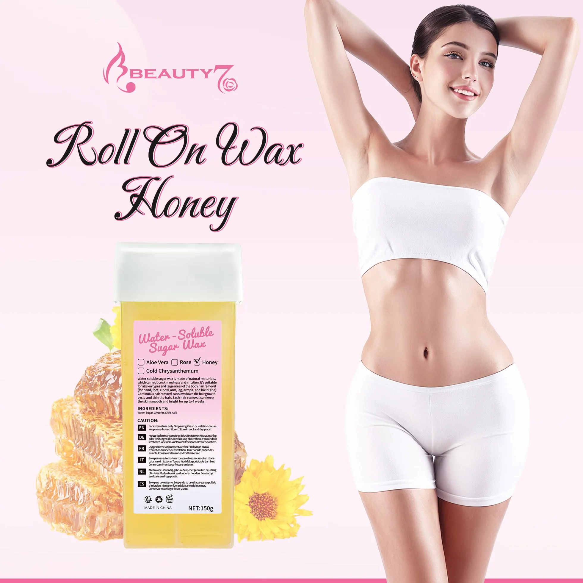 Beauty7 Zestaw wkładów woskowych Roll-on Wax, wkłady woskowe, wkłady z gorącym woskiem, do usuwania włosów pod pachami, okolice intymnej, nóg i klatki piersiowej, 3 sztuki x 150 ml
