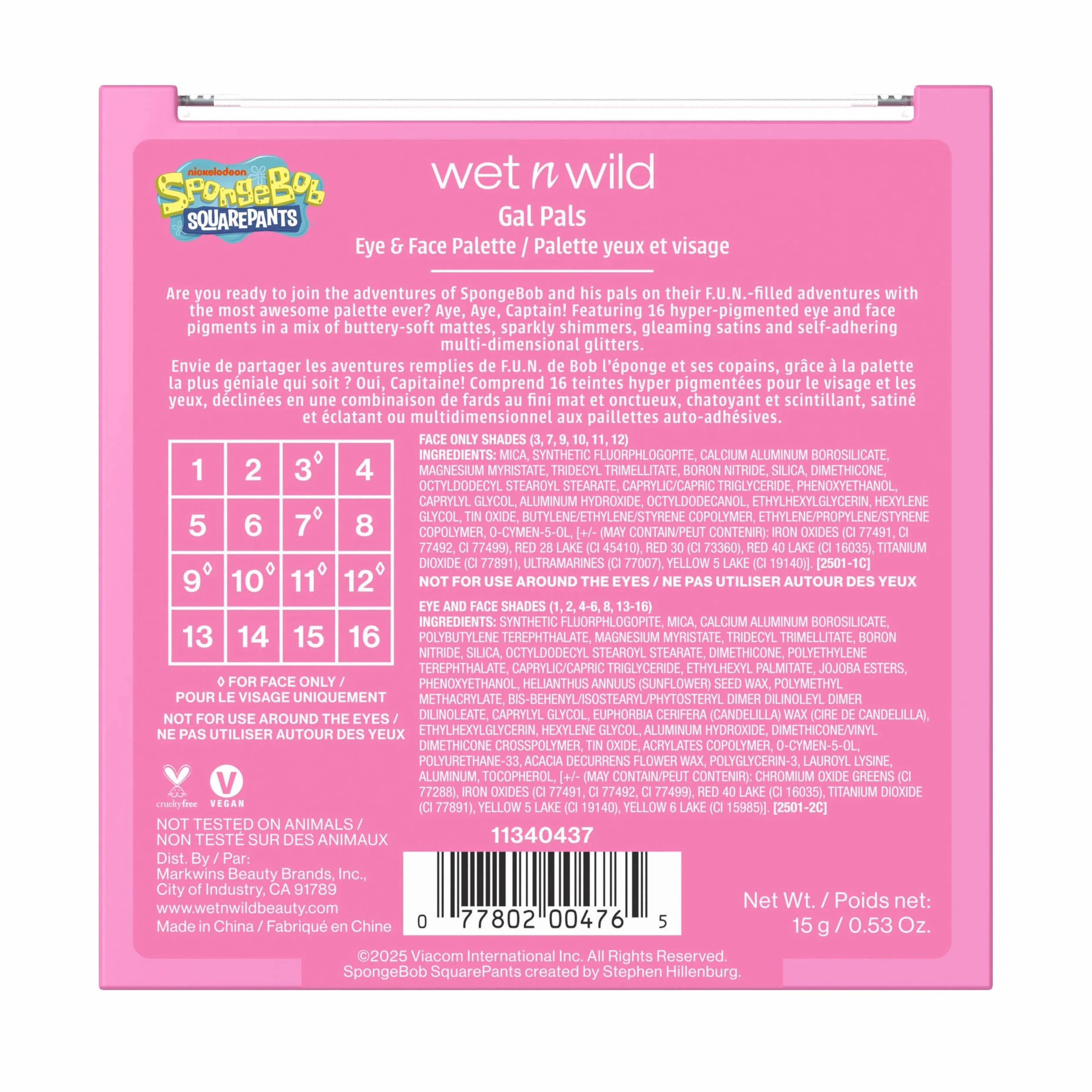 wet n wild Spongebob paleta oczu i twarzy, paleta oczu i twarzy z 16 pigmentowanymi odcieniami w matowych i połyskujących wykończeniach