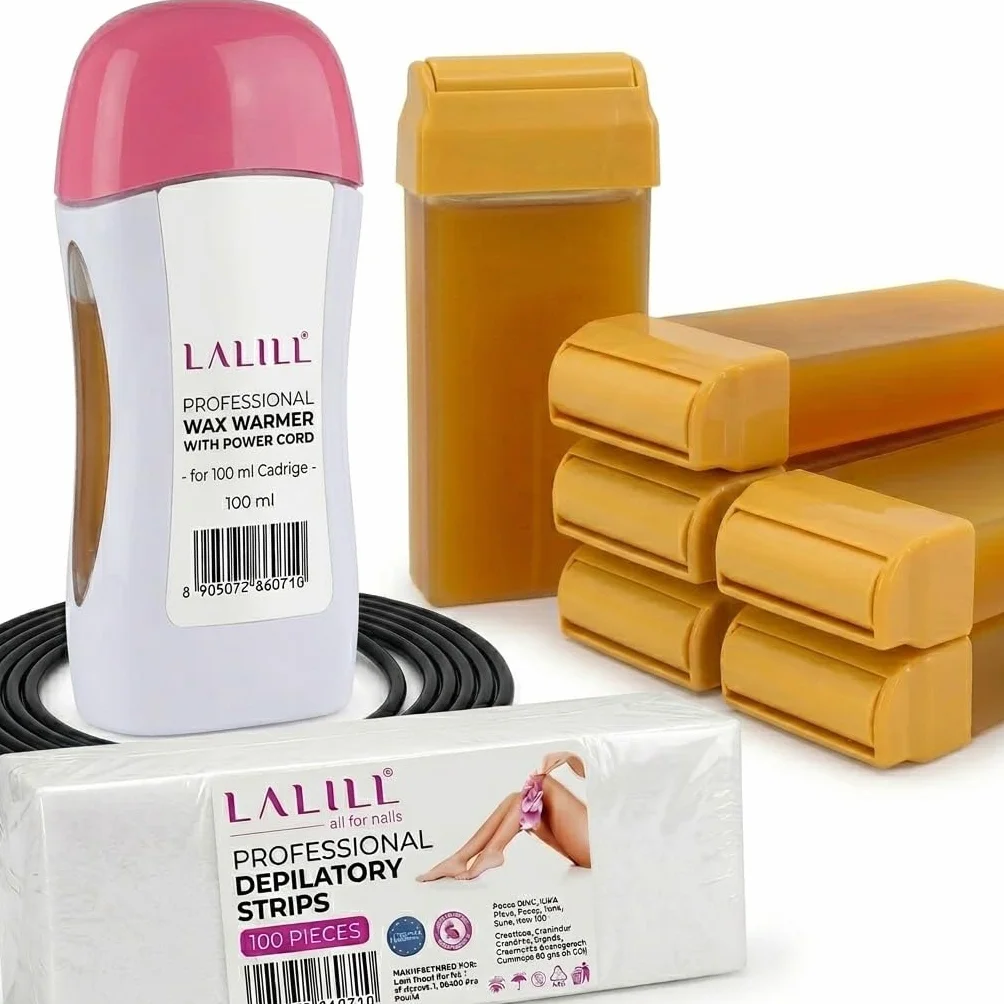 LALILL Zestaw do depilacji woskiem 100 sztuk pasków wkłady 100 ml x 6 podgrzewacz