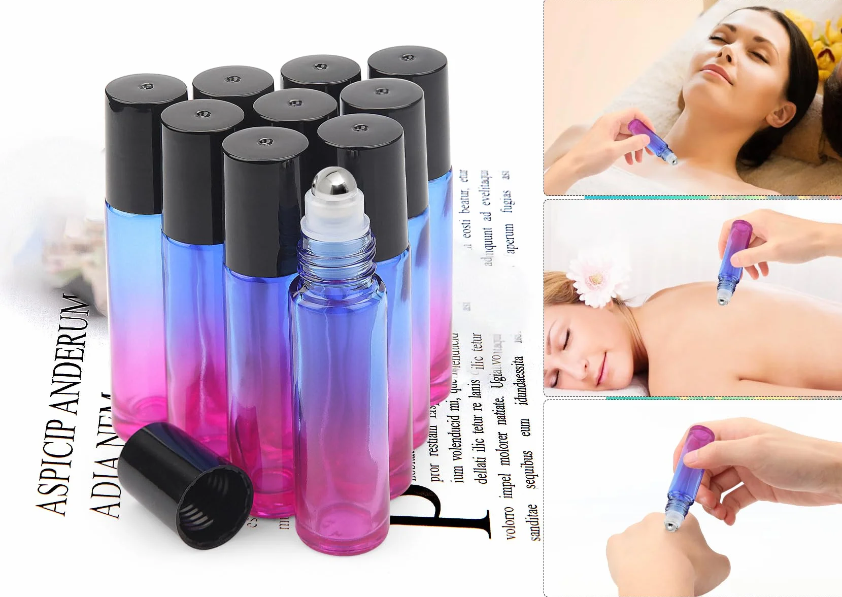 DKBT Roll on butelka pusta 10 ml 10 sztuk gradientu w rolce na olejki eteryczne zwijane szklane butelki na olejki eteryczne z lejkiem/otwieraczem/pipetą do olejków eterycznych, perfum, kosmetyków,