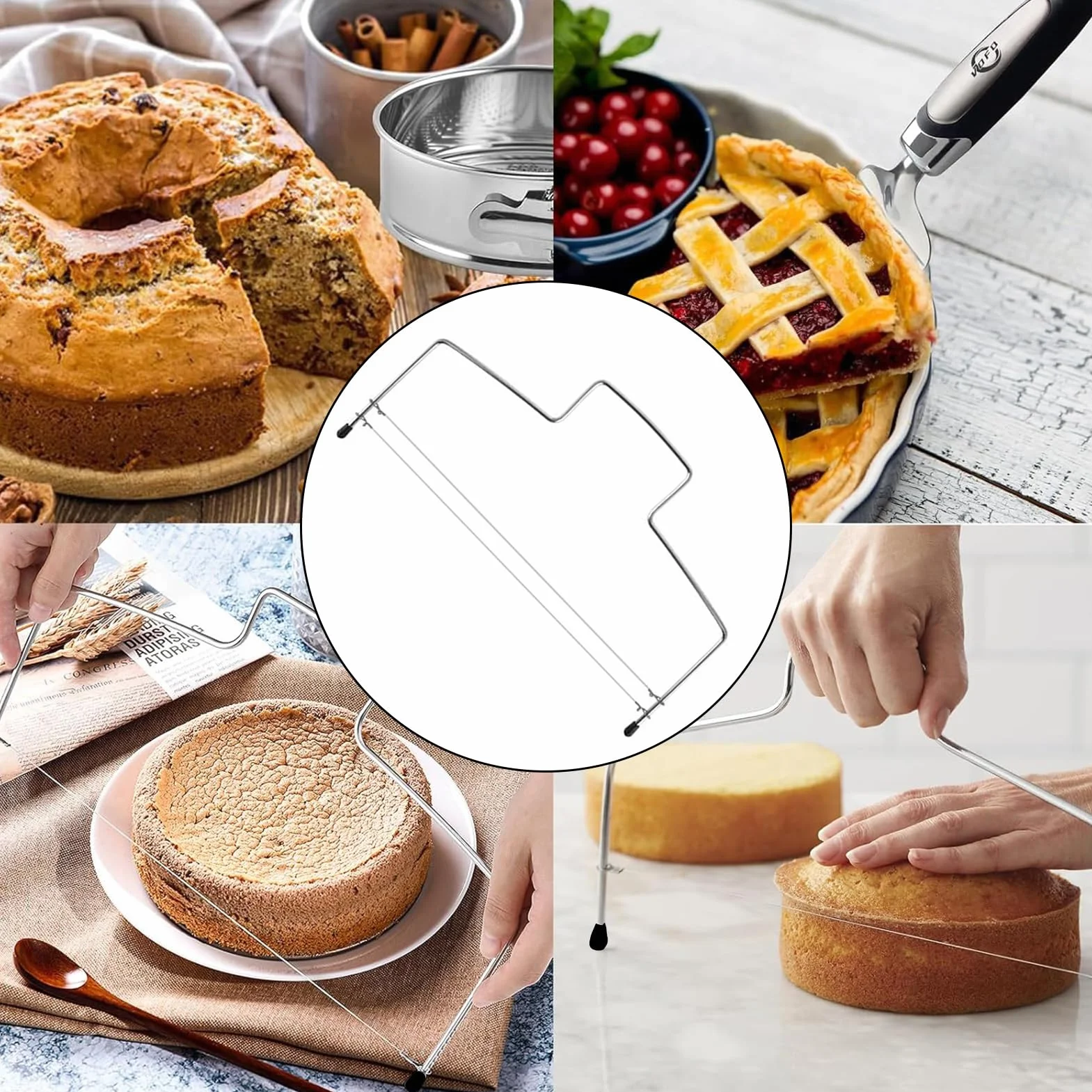 Krajalnica do tortów, profesjonalna krajalnica do ciasta ze stali nierdzewnej 32 cm, dwuwarstwowy drut tnący, drut do cięcia tortów z regulacją wysokości dla równomiernych warstw tortu