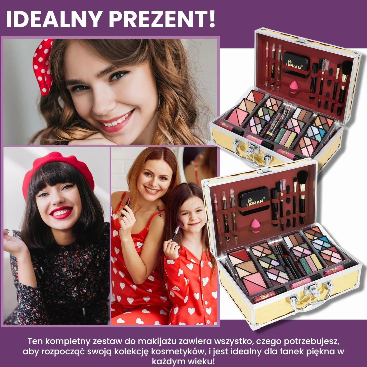Wegański Makijaż Pudełko na Kosmetyki Love Urban Beauty Luxe Gold Touch Zestaw Upominkowy Podróżny 73 szt