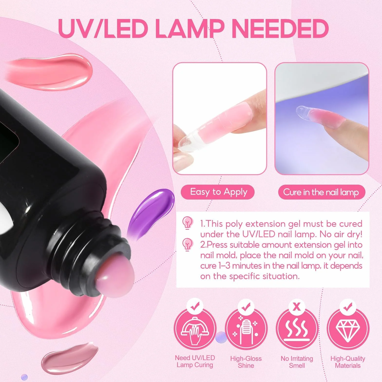 PEACECOLOR Żel do przedłużania paznokci zestaw 8 sztuk, 3 x 16 ml Poly żel do paznokci z lampą do paznokci i rozwiązaniem Slip, zestaw do paznokci żelowych z różą, biały, nude dla majsterkowiczów dla