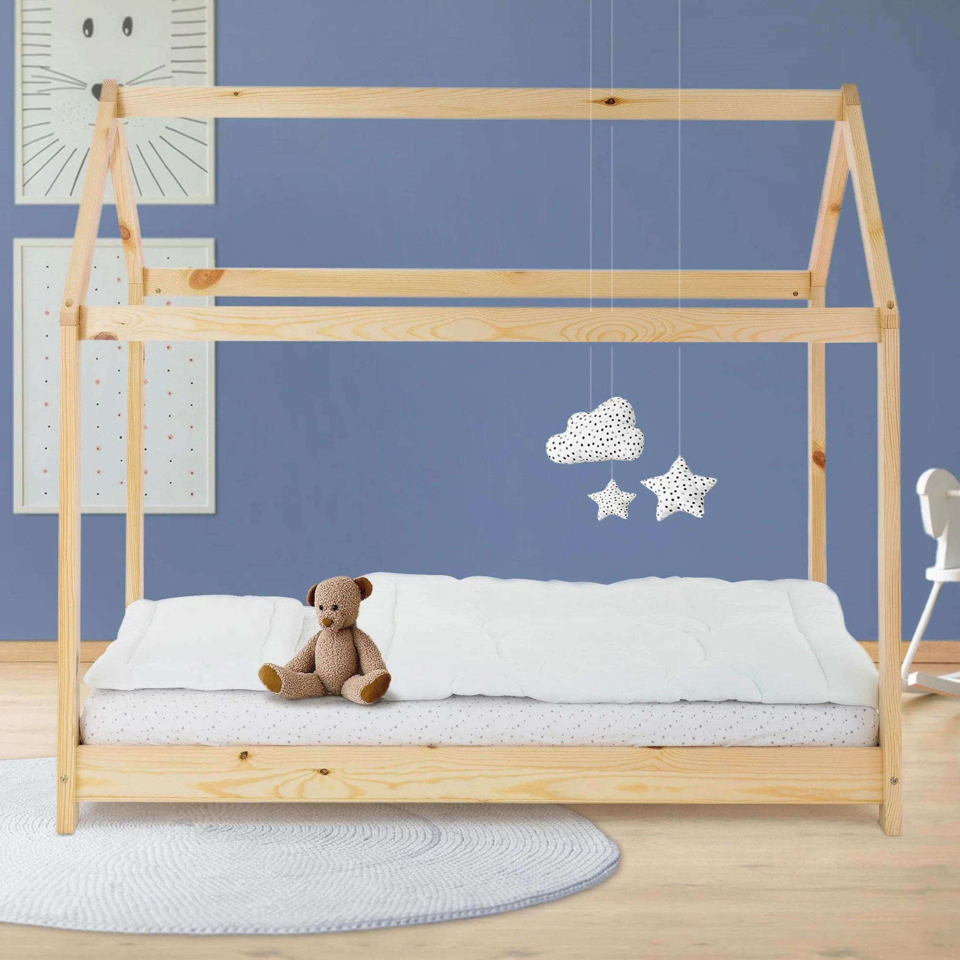 ML-Design Lózko Dzieciece 80x160 Cm Z Dachem I Stelazem Listwowym, Naturalne, Lózko Domek Dla Dziewczynek I Chlopców, Domek Dla Dzieci Z Litego Drewna Sosnowego, Stabilne Lózko Mlodziezowe Dzieciece