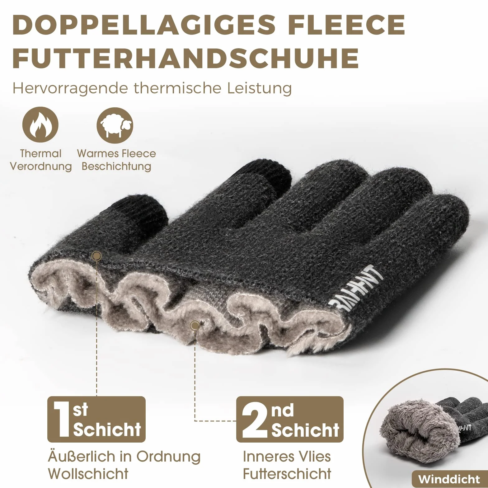 Rahhint Rękawiczki Thermo Wool Touchscreen Damskie Męskie Zimowe Ciepłe, odpowiednie do uprawiania sportów halowych