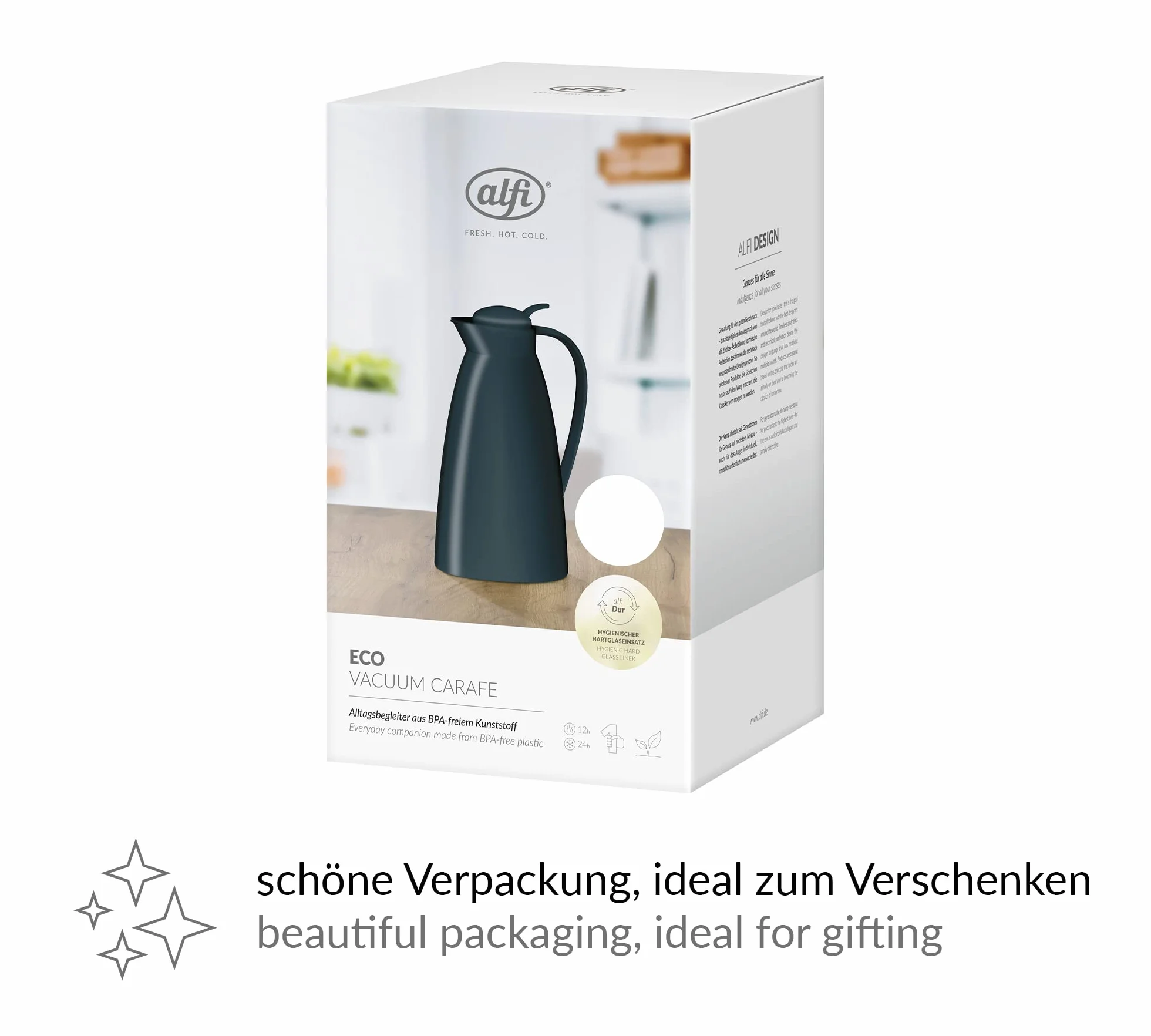 alfi ECO 1,0 l, coconut white mat, izolowany dzbanek z higienicznym wkładem ze szkła hartowanego z tworzywa sztucznego, zakrętka z wygodnym przyciskiem, nalewanie jedną ręką, idealnydo kawy