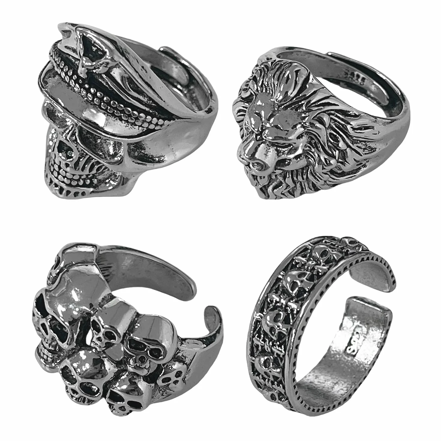 4-Częściowy Zestaw Pierścionków w Stylu Rockowym, Punk, Vintage - Regulowane Metalowe Pierścionki, Spersonalizowane Akcesoria Męskie