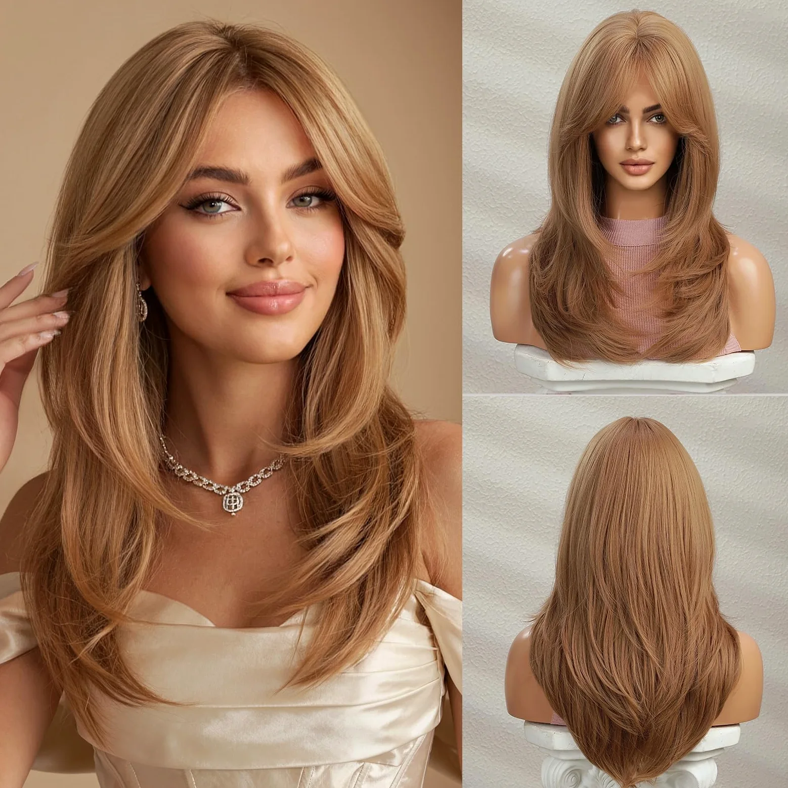 Esmee Długie Proste Truskawkowe Blond Peruki dla Kobiet Naturalne Warstwowe Syntetyczne Włosy Peruka z Grzywką do Codziennych Imprez Cosplay 20 Cali