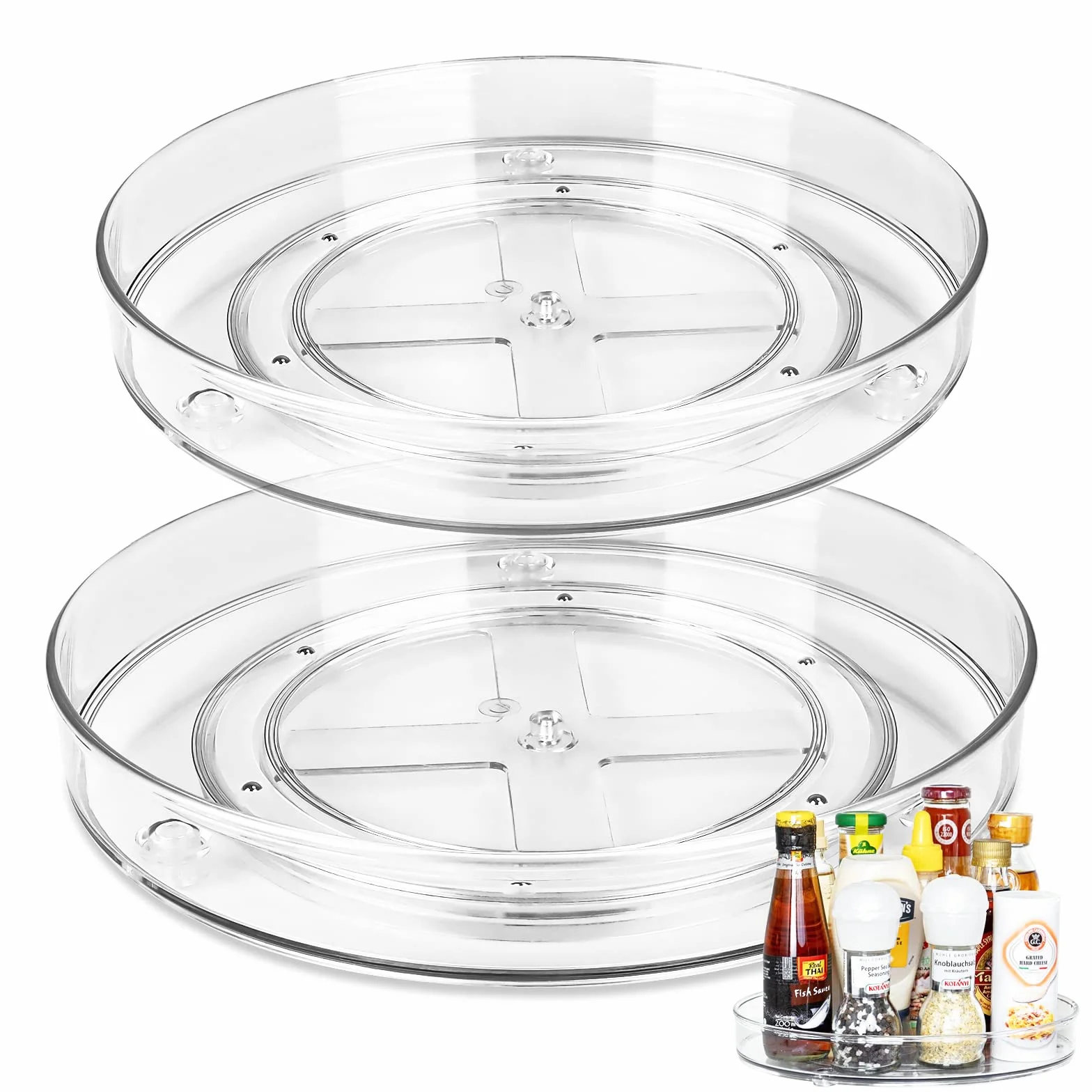 Organizer do szafki Lazy Susan, 2-częściowy obrotowy stojak Lazy Susan, przezroczysty organizer do lodówki, wielofunkcyjny obrotowy stojak do przechowywania w kuchni, antypoślizgowy obrotowy uchwyt na