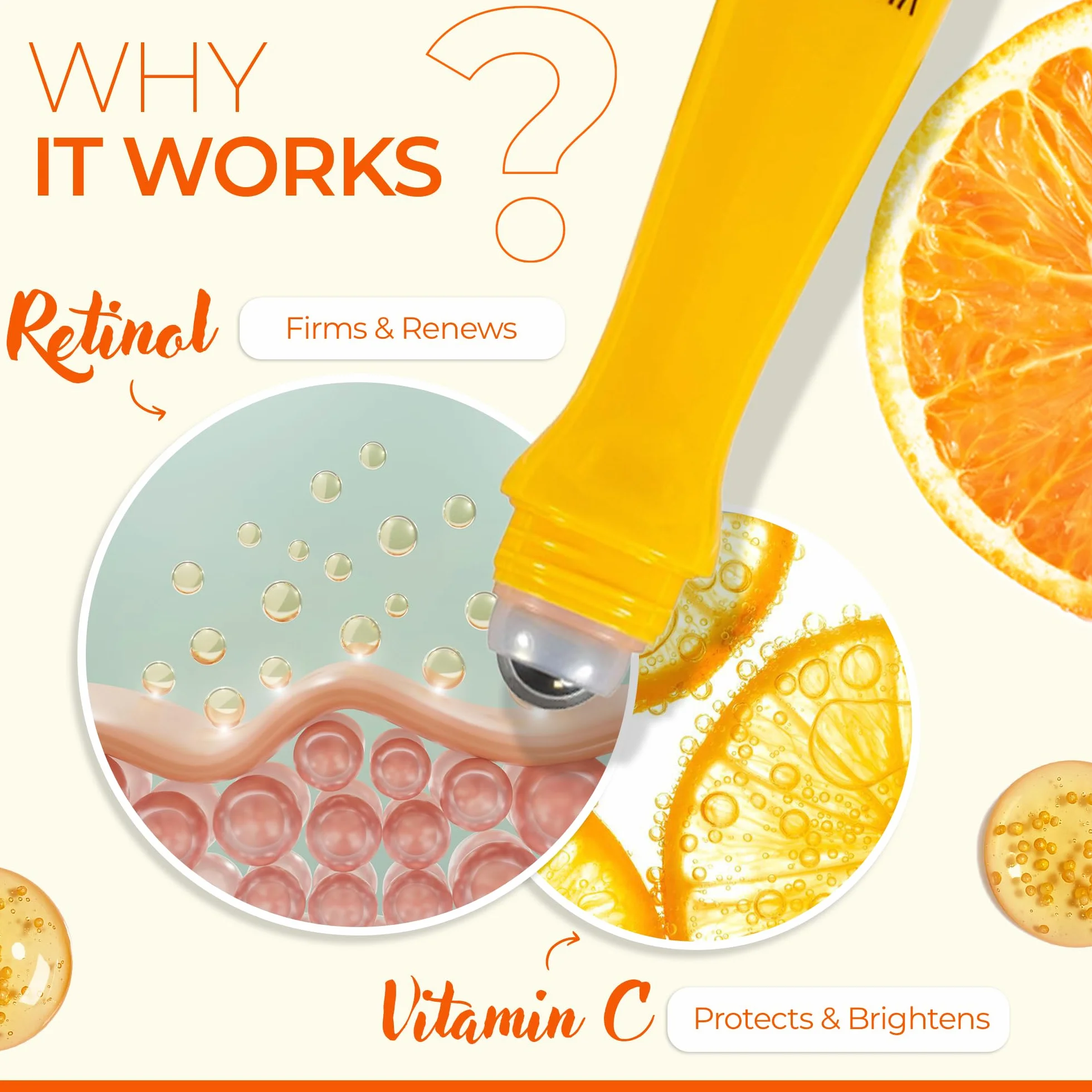 Victoria Beauty serum z witaminą C do oczu z rolką - na cienie pod oczami, obrzęki i worki pod oczami - z retinolem i witaminą E - 94% naturalne, 15 ml