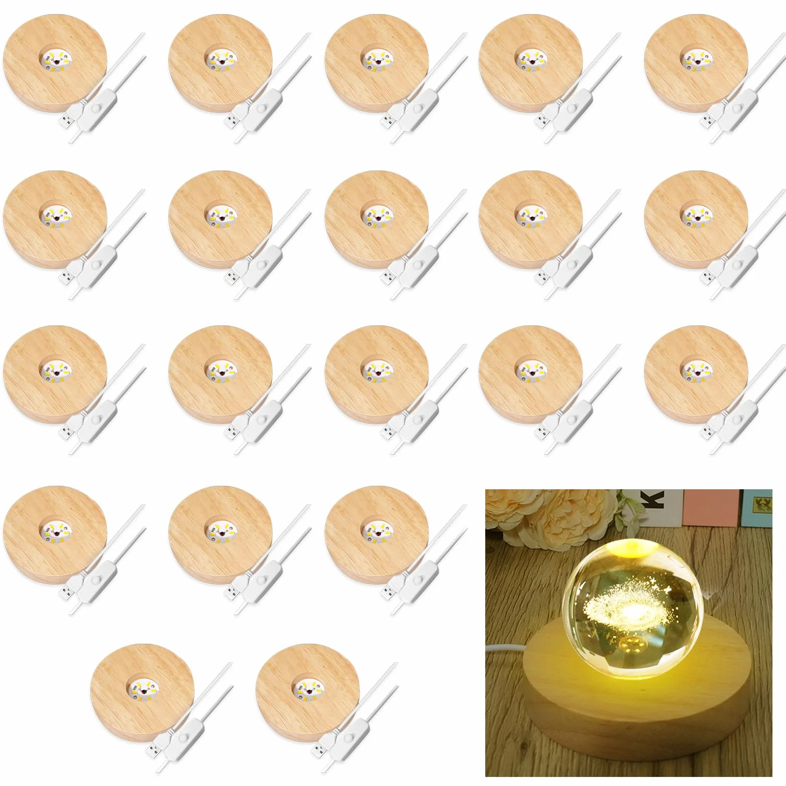 Drewniane podstawy ekspozycyjne LED, okrągłe, drewniane, podświetlane podstawy do szkła, sztuki, podświetlane podstawy do 3D, kryształowej sali balowej, biura, dekoracji domu, 20 szt