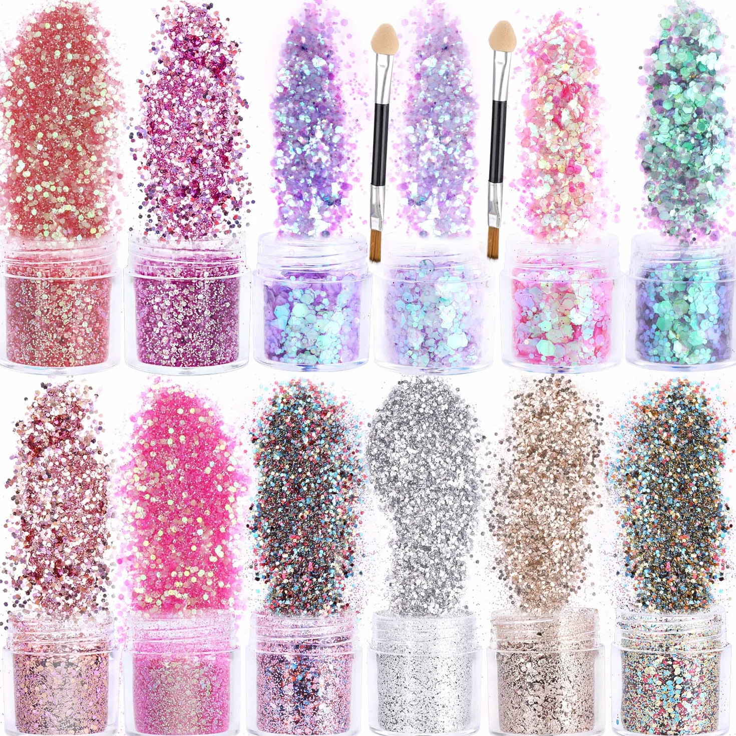 HOWAF 12 garnków Beauty Nail Glitter Cekiny puder z pędzelkiem 2 szt., mieszanka holograficznych brokatowych cekinów puder pył do paznokci twarzy oczu ciała włosów 3D zdobienia paznokci dekoracja