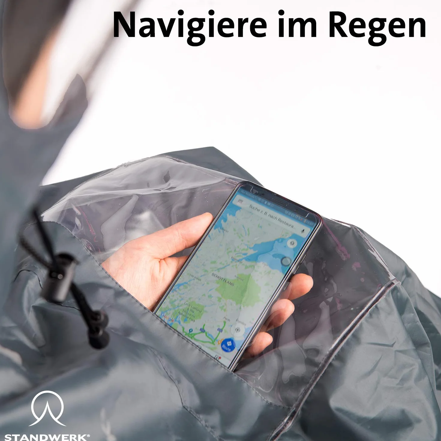 STANDWERK® Ponczo przeciwdeszczowe z wyjątkową kieszenią nawigacyjną i okienkiem na wędrówki - peleryna trekkingowa dla mężczyzn i kobiet