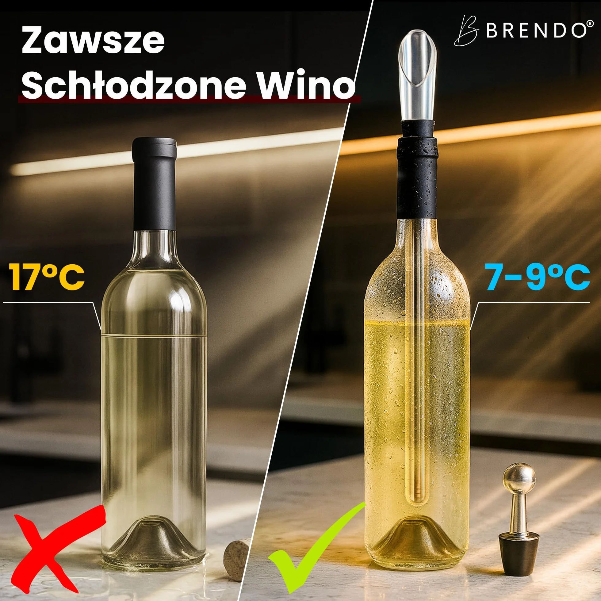 Brendo Chłodziarka do wina 4w1 – Pręt chłodzący ze stali nierdzewnej | Chłodzenie butelek z 2 długościami prętów + nalewak do wina + dekanter + korek | Zestaw prezentowy do wina dla mężczyzn i kobiet