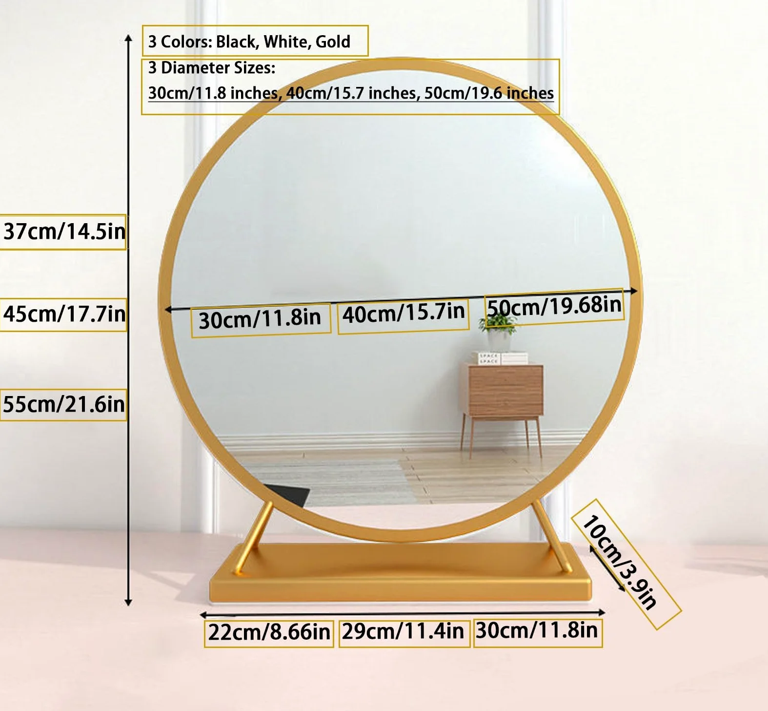 Okrągłe lusterko do makijażu ze stojakiem, dekoracyjne lustro łazienkowe z metalową ramą, złote 40 cm, stylowe lusterko kosmetyczne do toaletki, dekoracja domu i do użytku kosmetycznego