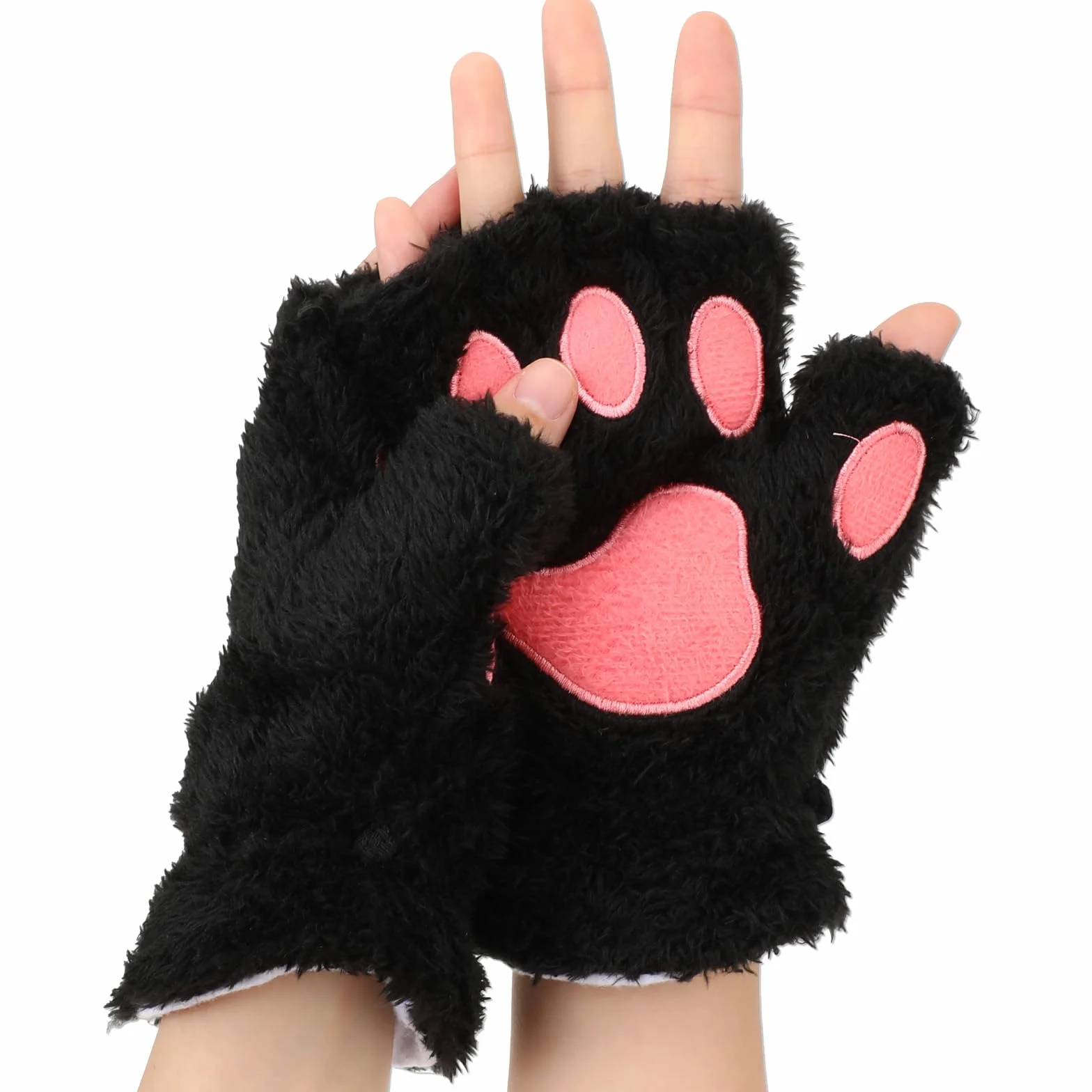COMNICO Rękawiczki z łapami kota, miękkie, pluszowe, bez palców, kreskówka, zwierzęta, kot, pazury, rękawiczki zimowe na Halloween, Boże Narodzenie, Cosplay, akcesoria kostiumowe, czarny, 7,48 × 6,1 ×