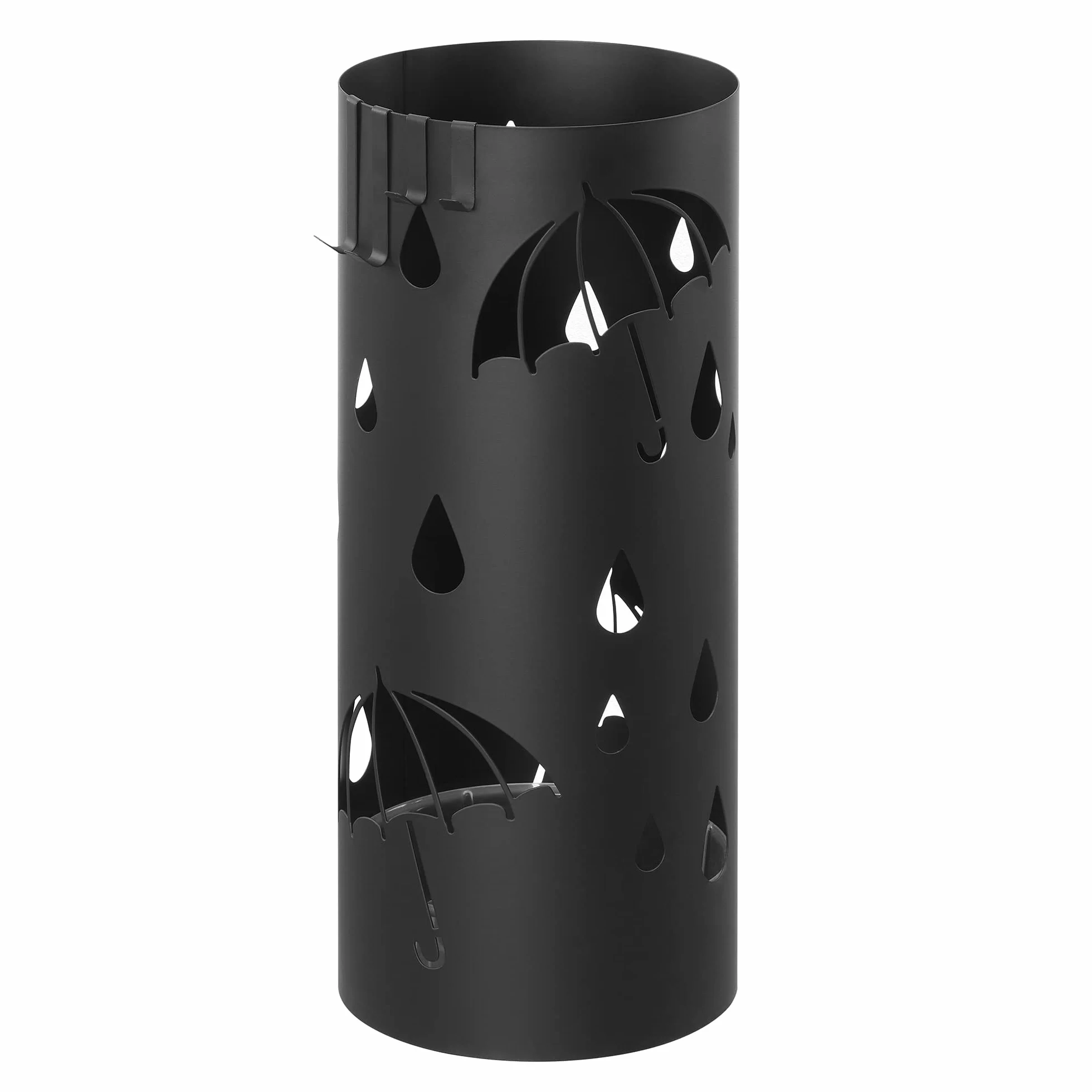 SONGMICS Design, stojak na parasol, okrągły, metalowy, z 4 haczykami, zdejmowana taca na wodę, 17 x 41 cm (Ø x wys.), do wejścia, korytarza, czarny LUC024B01