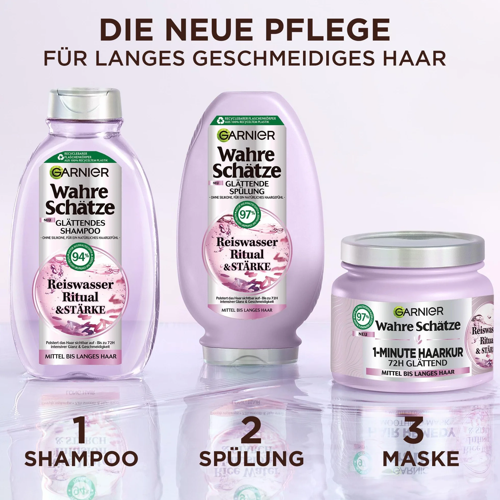 Garnier True Schätze zestaw do pielęgnacji włosów z wodą ryżową do włosów średniej długości, dla uzyskania połysku i gładkości, szampon (250 ml), odżywka (200 ml), 1-minutowa kuracja do włosów (340
