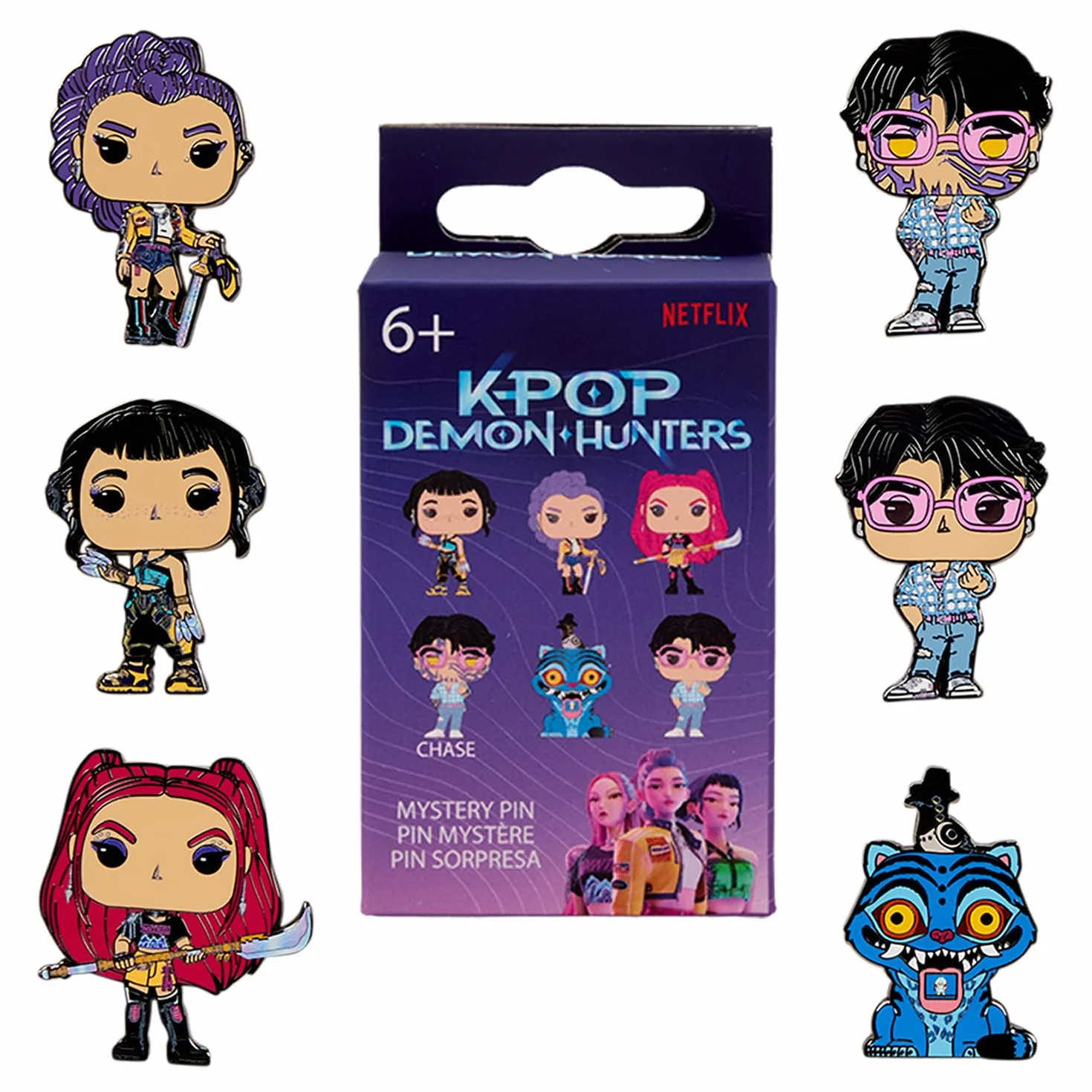 Loungefly - KPop Demon Hunters Blind Box przypinki emaliowane - 1 z 6 znaków - Jinu, Rumi, Zoey, Mira, Derpy - rzadki wariant Chase - Jinu ze świecącymi znakami demonicznymi