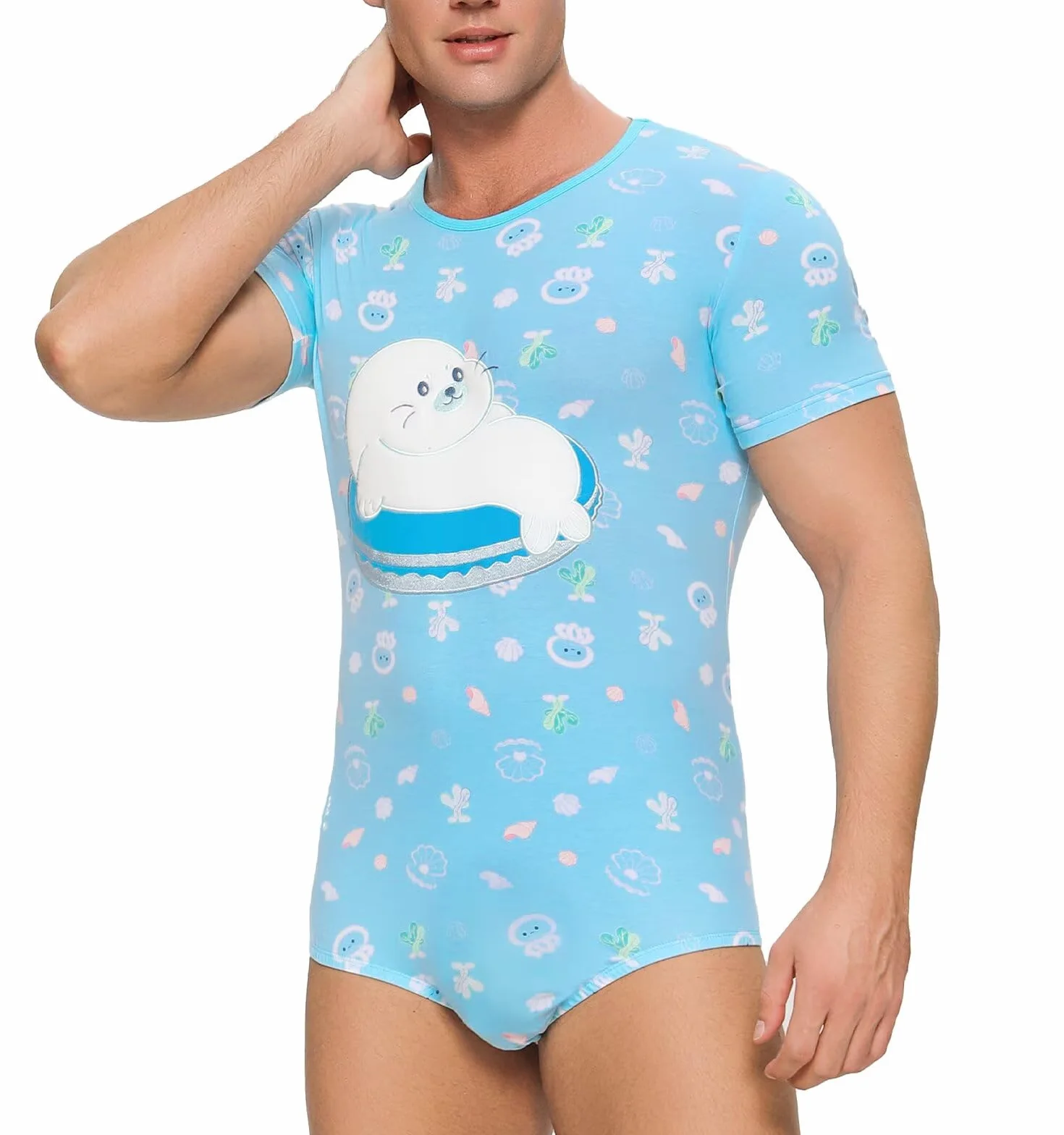 Landofgenie Męskie Onesie Bawełniane Pidżama Bodysuit Pidżama dla Mężczyzn Jednoczęściowy Romper-Sea Lions