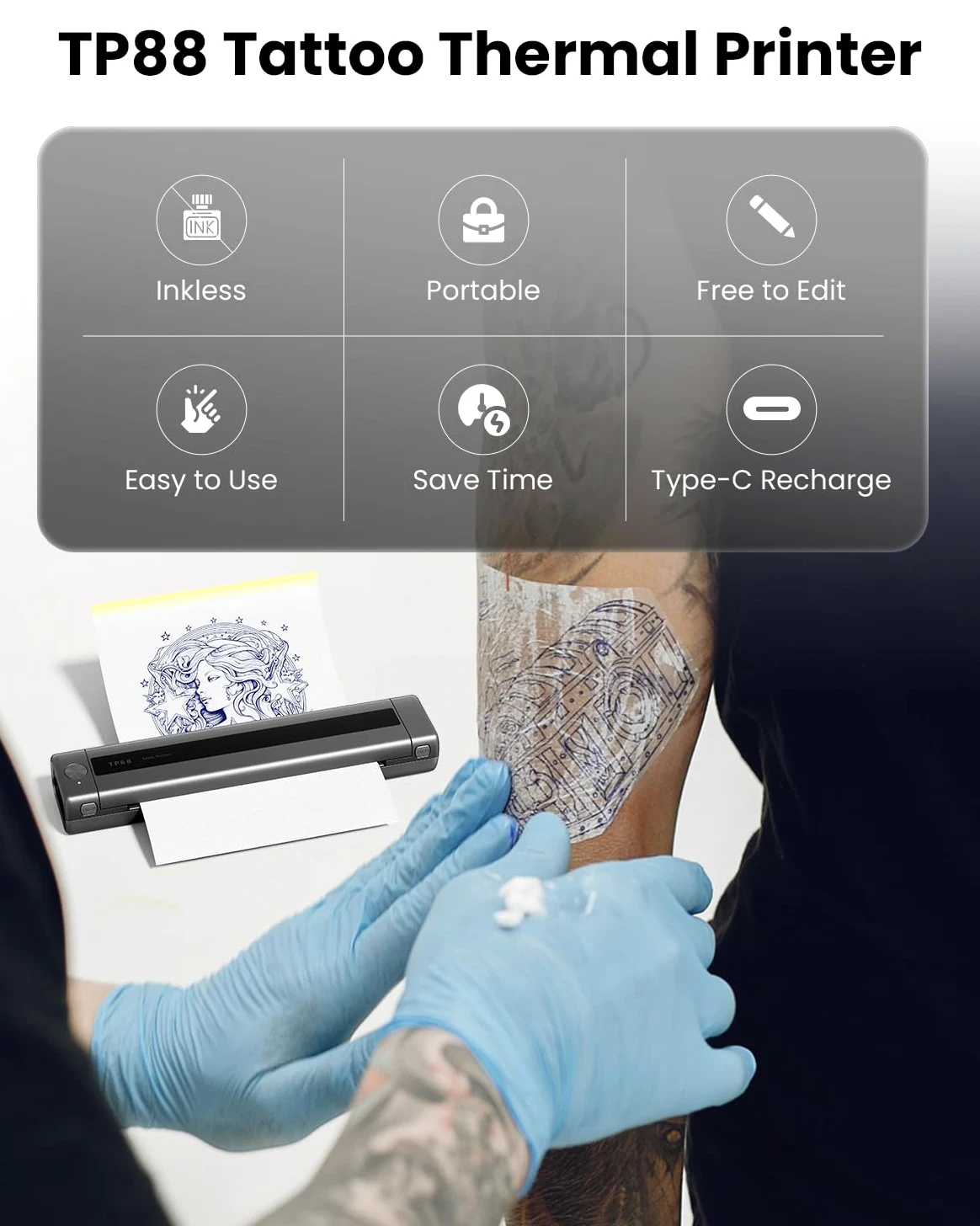 Phomemo Drukarka do Tatuażu, TP88 Tattoo Printer, Drukarka Termiczna do Tatuażu Bluetooth A4, Przenośna Drukarka do Tatuażu do Tatuażu dla DIY z 10-sztuk Papierami do Tatuażu