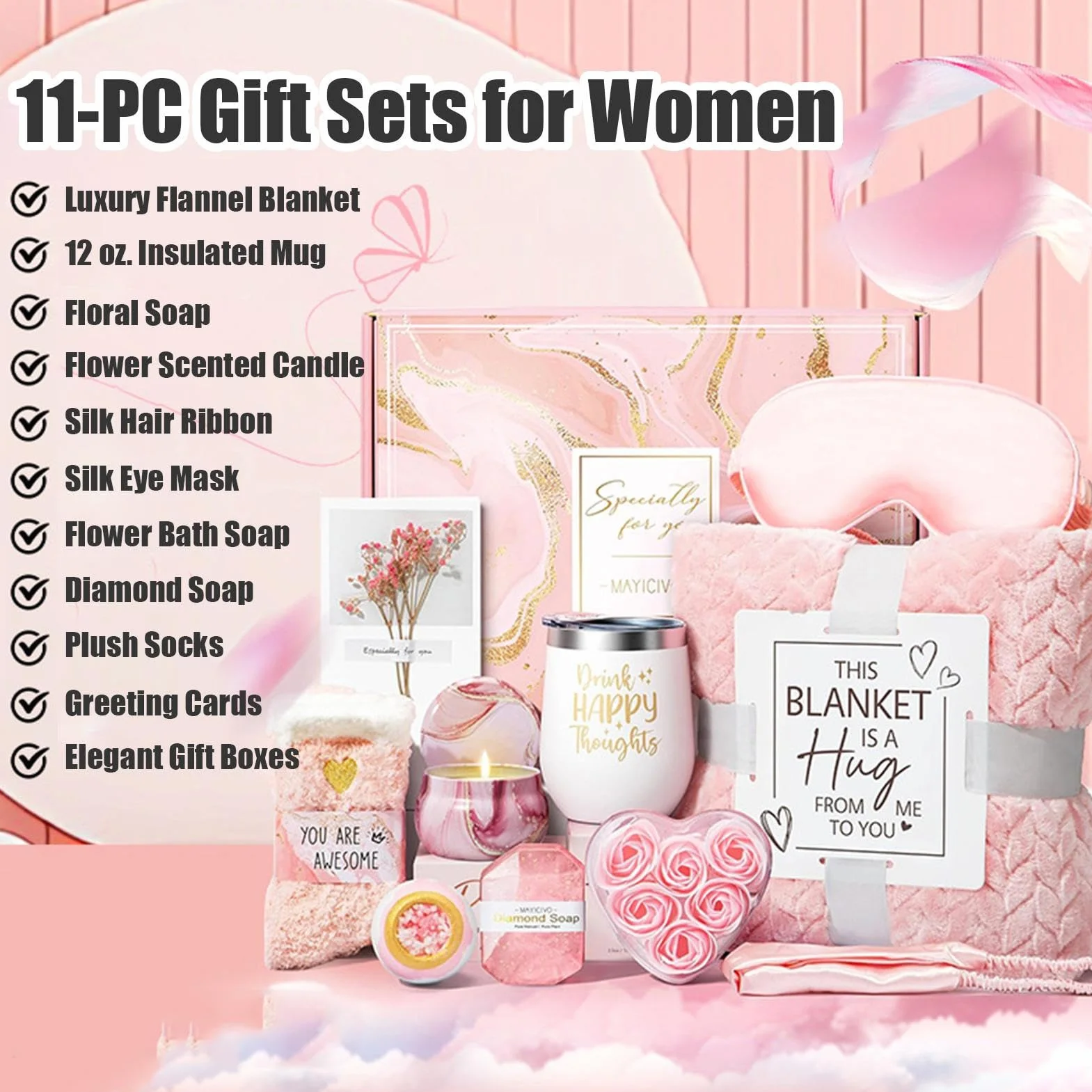 Luxury Relaxation Set Birthday Gift Basket for Women with Cozy Flannel Blanket Spa Tools