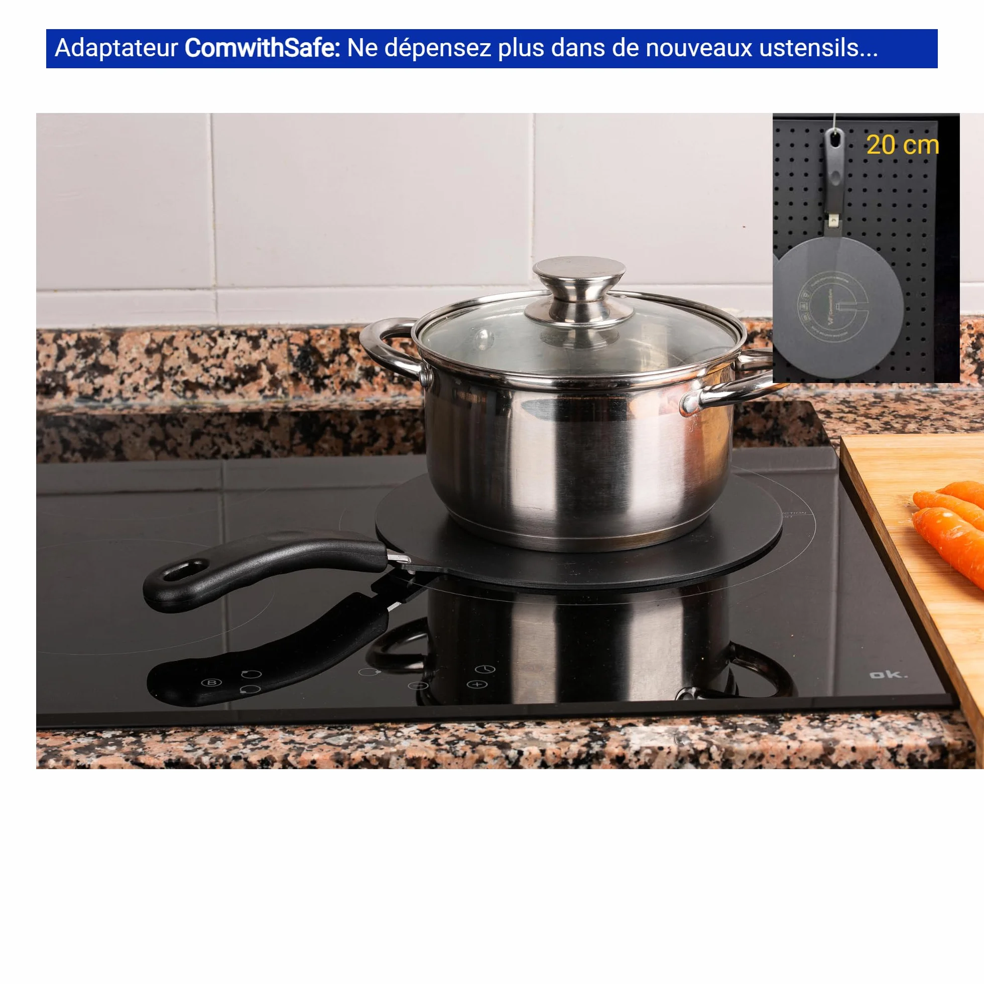 ComwithSafe Adapter indukcyjny 20 cm, zdejmowany uchwyt izolacyjny, nie zmienia koloru po użyciu, płyta rozdzielająca ciepło z czarną powłoką wysokotemperaturową, tarcza indukcyjna/gazowa