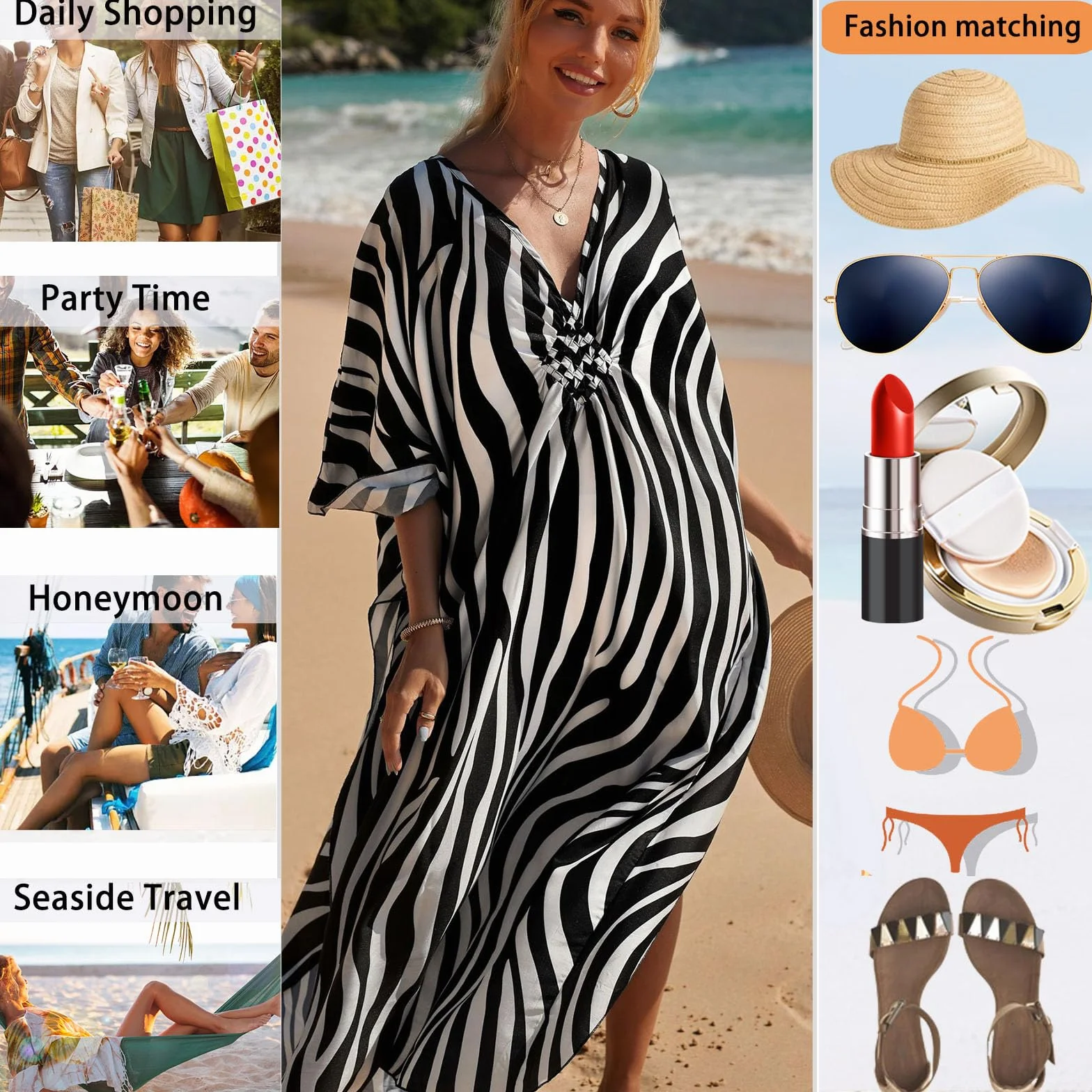 Baynetin Damska sukienka plażowa, maxi, długa sukienka plażowa w stylu boho, ponczo plażowe, kaftan, odzież plażowa, luźna, bielizna nocna, okrycie bikini, rozmiar uniwersalny