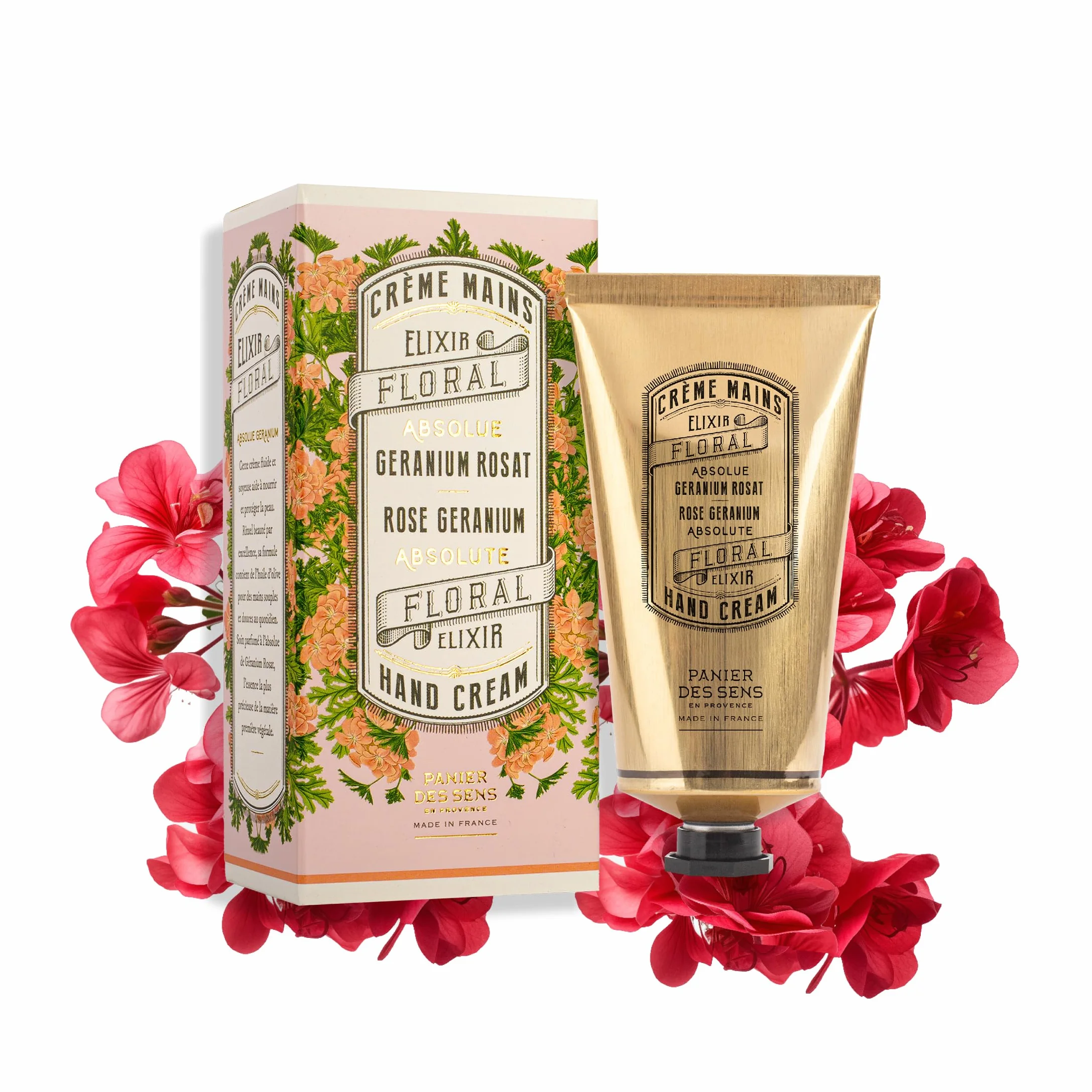 Panier des Sens Krem do rąk na suche popękane dłonie - Balsam do rąk z różaną geranium z oliwą i olejem migdałowym - Witamina E krem nawilżający do skóry z 97% naturalnymi składnikami - wyprodukowano